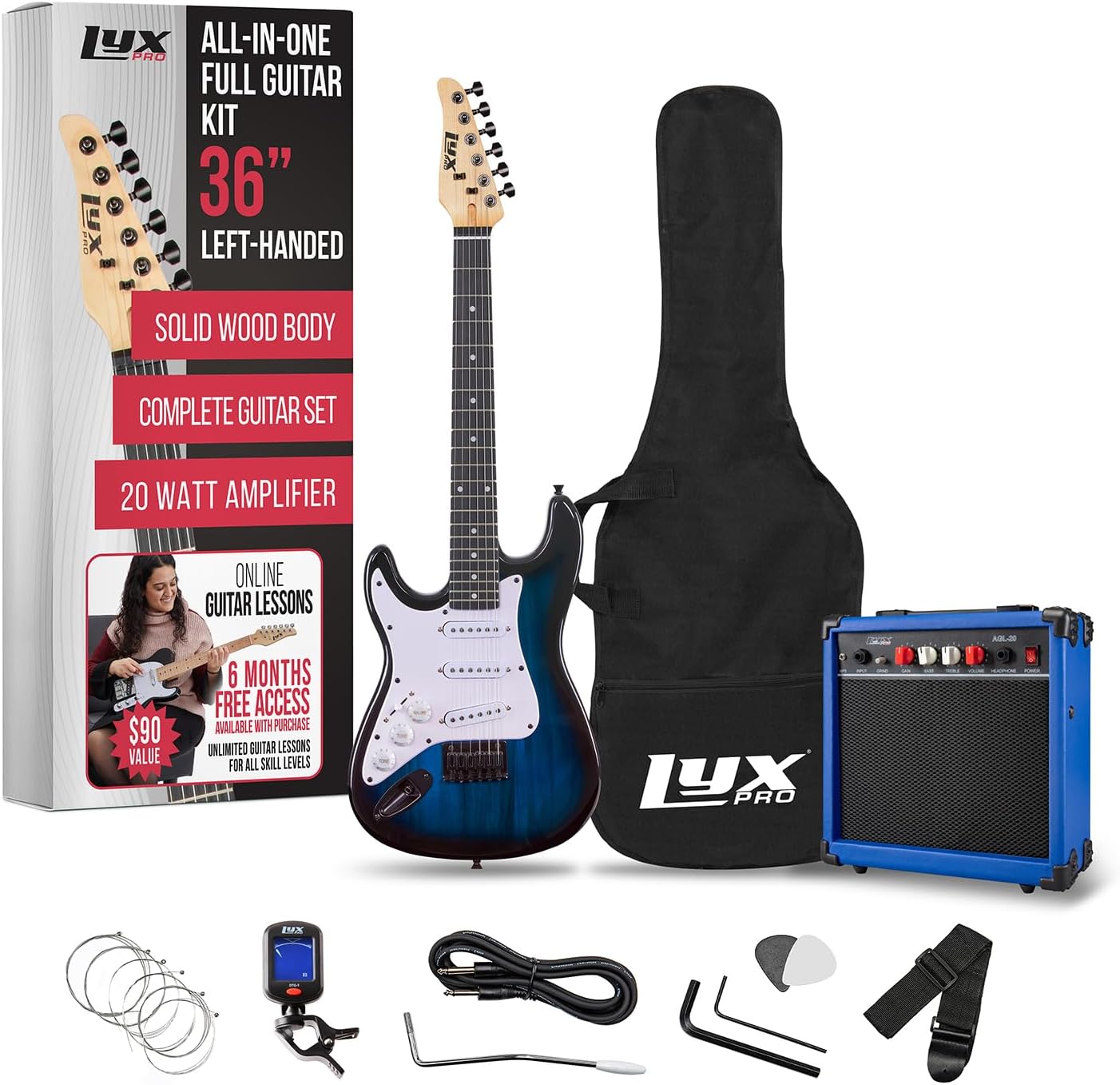 LyxPro Left Hand 36 Inch Electric Guitar and Kit for Lefty Kids with 3/4 Size Beginner’s Guitar, Amp, Six Strings, Two Picks, Shoulder Strap, Digital Clip On Tuner, Cable and Soft Case Gig Bag - Blue