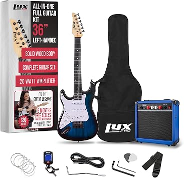 LyxPro Left Hand 36 Inch Electric Guitar and Kit for Lefty Kids with 3/4 Size Beginners Guitar, Amp, Six Strings, Two Picks, Shoulder Strap, Digital Clip On Tuner, Cable and Soft Case Gig Bag - Blue