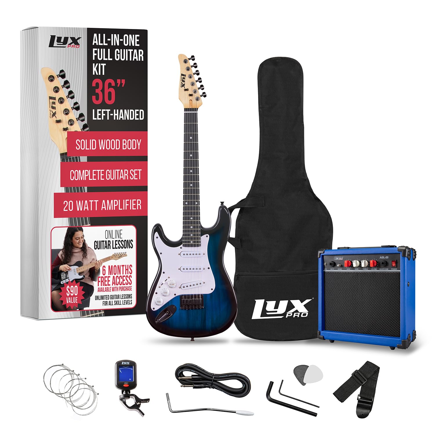 LyxPro Chitarra elettrica mancina da 91,4 cm e kit per bambini mancini con chitarra 3/4 per principianti, amplificatore, sei corde, due plettri, tracolla, accordatore digitale a clip, cavo e custodia