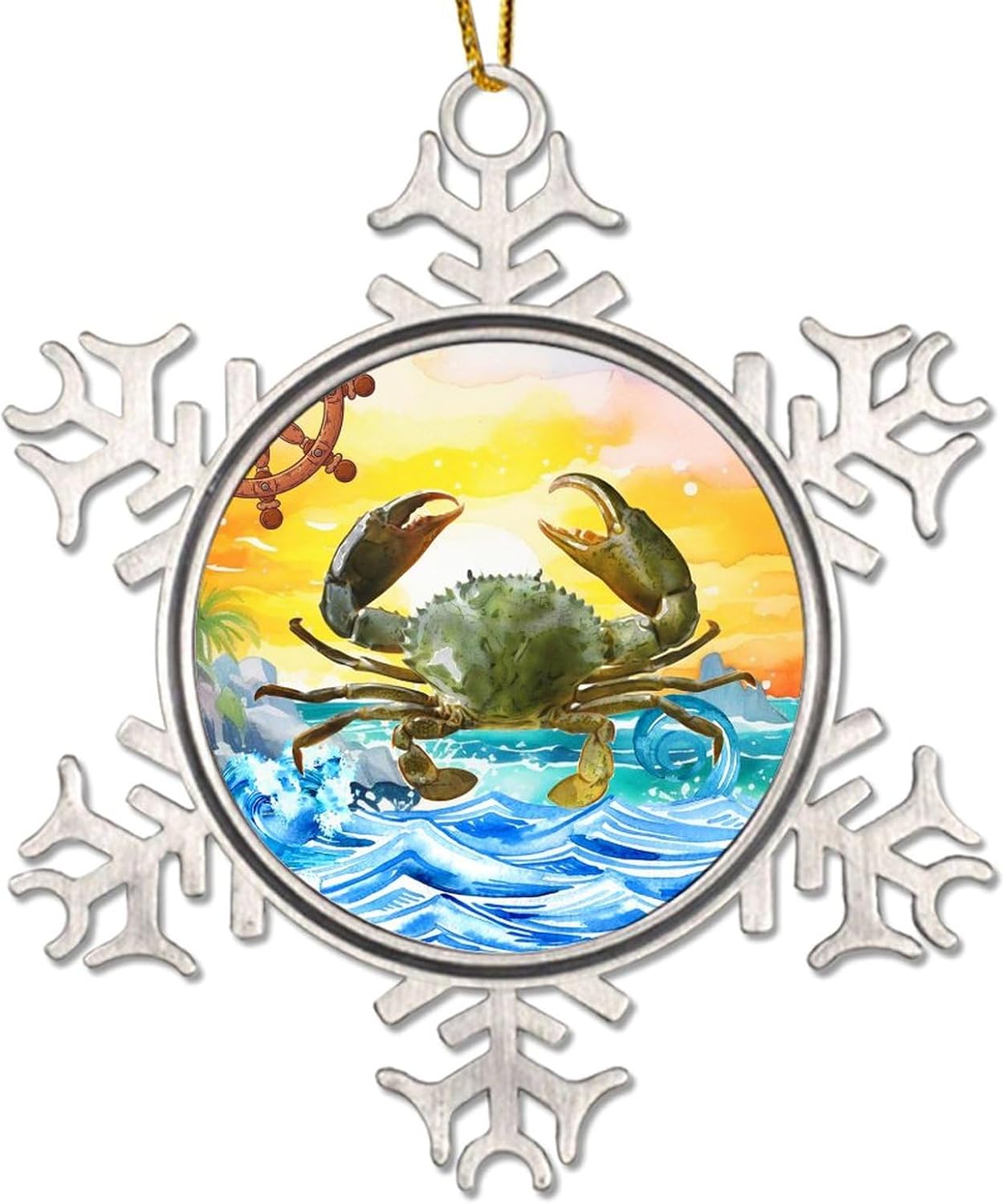 Snowflake Ornament Rudder Coastal Sea Turtle Snowflake Metal Hanging Pendant Watercolor Blue Ocean Wave Nautical Xmas Tree Hanging Ornament Nautical Summer Keepsake