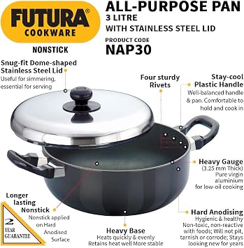 Futura Non Stick 9-Inch All Purpose Frying Pan with Stainless Steel Lid, 3.0-Liter