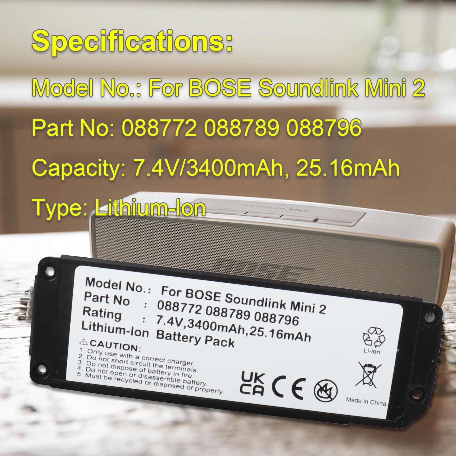 7.4V 3400mAh 088796 088772 088789 080841 2ICR19/65 Batteria di ricambio per altoparlante Bluetooth compatibile con Bose SoundLink Mini 2, Mini II Wireless Speaker