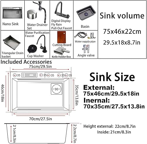 Miniatura 6 de Nano 304 Fregadero de cocina de acero inoxidable con diseño de cascada, pantalla digital, lavadora de tazas a presión, caja portacuchillos