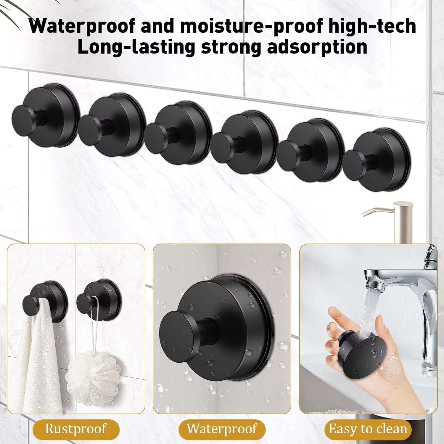 VZZNN 6 Pack Suction Cup Hooks - No-Drill Mounting on Kitchen Shower Towel Suction - Removable Towel Rack Bathroom Hooks - for Shower, Mirror, Wall, Bathroom, Glass, Hanging （Black）