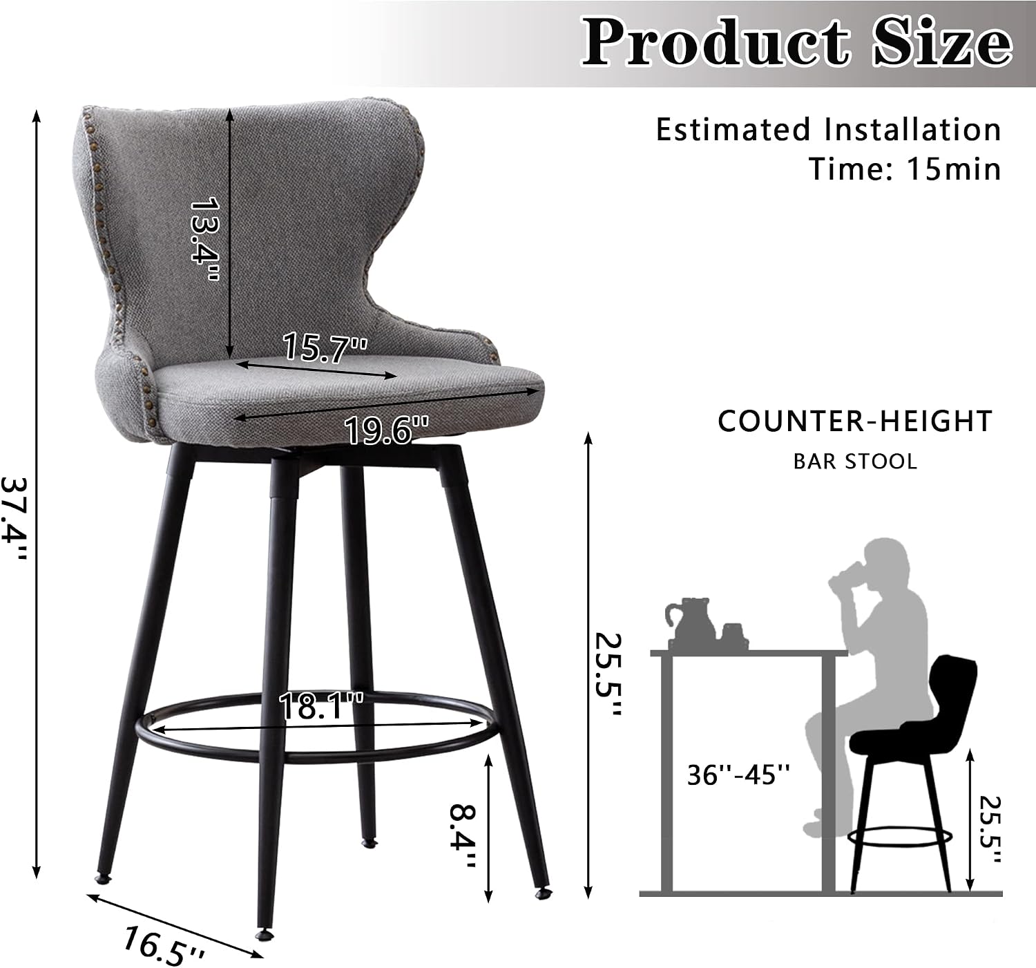 DKLGG Set of 2 Counter Height Bar Stools, 25.5 in, Grey, Upholstered with Tufted Back and Nailhead Trim, Comfortable and Durable, Suitable for Kitchen, Dining Room, Bars, Cafes