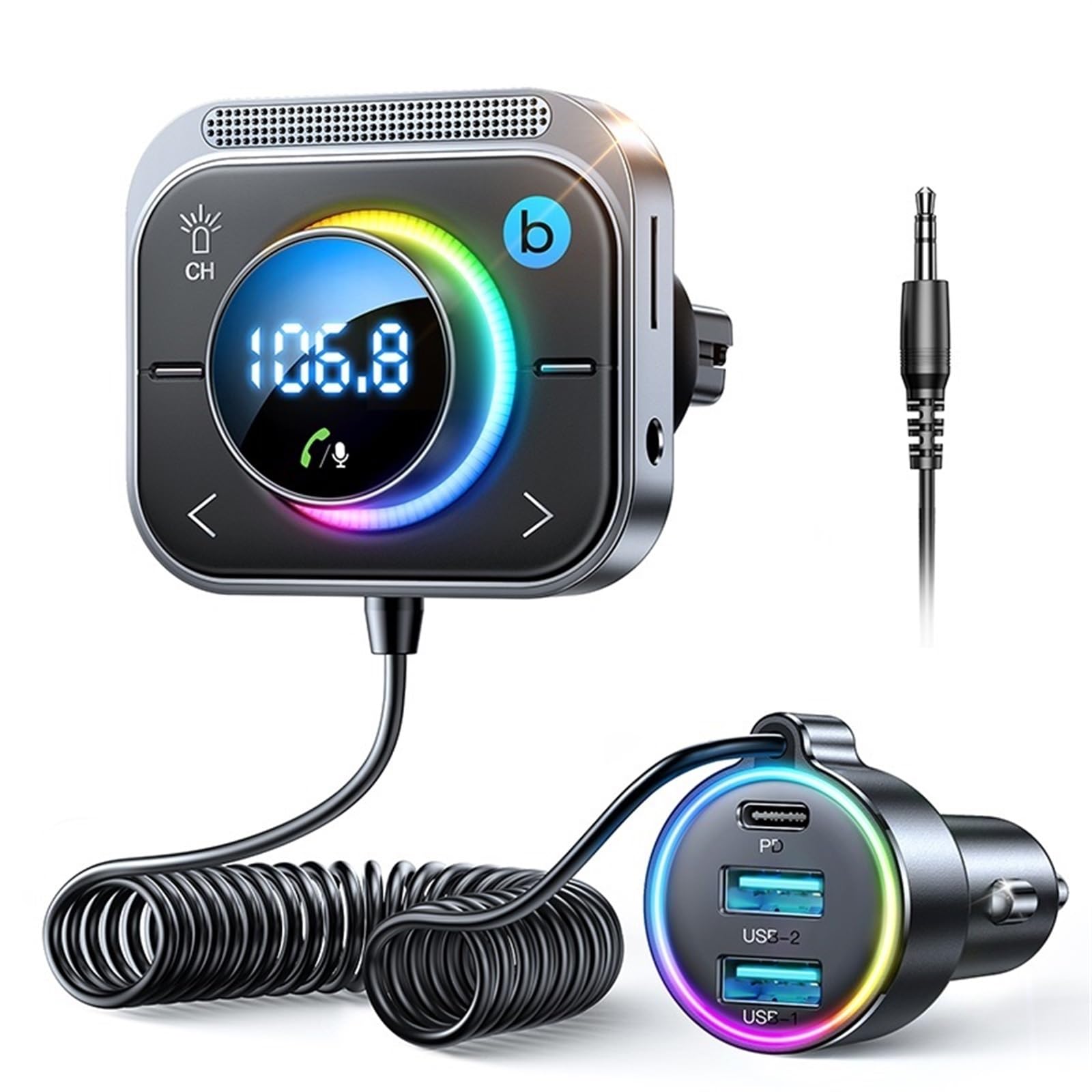 Adaptador de Coche Bluetooth 5.3 FM AUX Bluetooth Instalación en la Rejilla de ventilación Refuerzo de Graves 3 Puertos PD QC 3.0 Cargador de Coche Transmisor