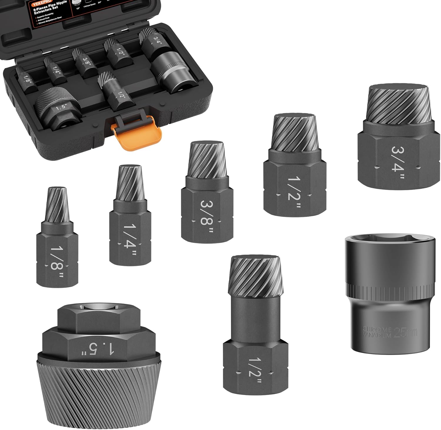 1.5" Tub Drain & Pipe Nipple Extractor Set, 8-Piece Plumbing Tools Kit with Socket - Remove Stubborn, Rusted, Broken Bathtub Drains & Shower Arms, with Solid Storage Case