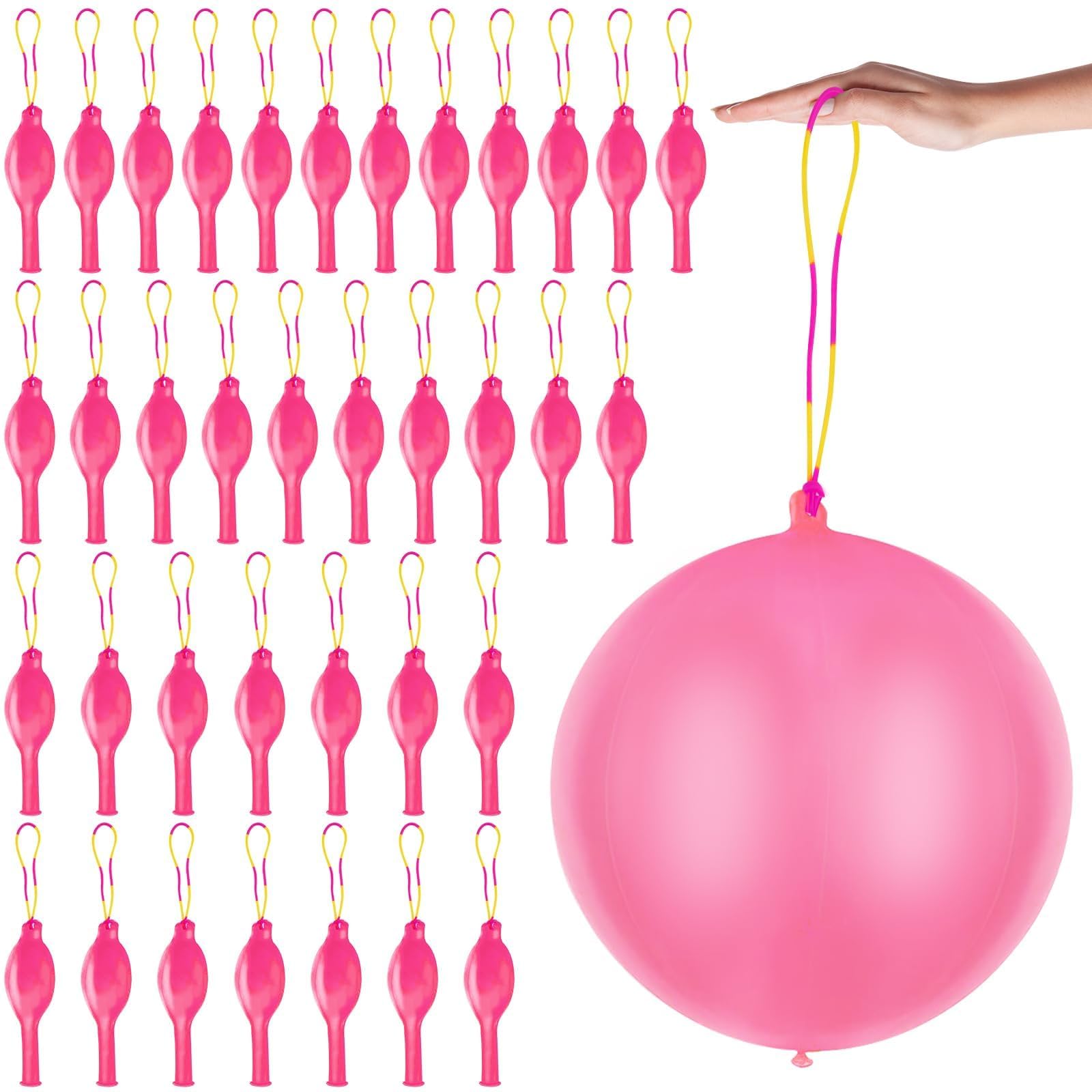 36 Pcs Pink Punch Balloons | with Rubber Band Handle for Easy Grip - Ideal for Kids’ Birthday Party Favors, Classroom & Outdoor Play(Pink)