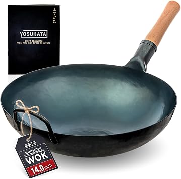 YOSUKATA 14 Blue Carbon Steel Wok with Round Bottom | Blue Pre-Seasoned Pow Wok for Stir Fry, BBQ & Camping Traditional Chinese Cookware Gas Stoves & Open Fire Only