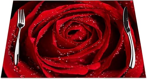 Juego de 4 manteles individuales con diseño de rosa roja, resistente al calor para mesa de comedor, antideslizante, 18.0 x 12.0in