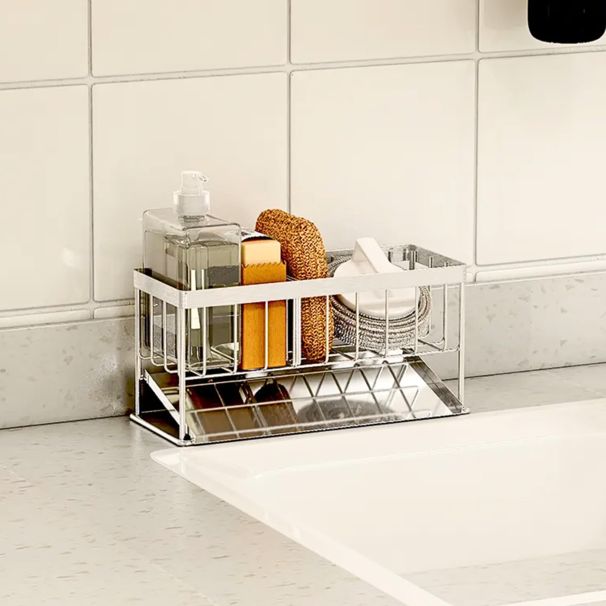 Kitchen Sink Stainless Steel Dish Sponge Holder with Drain Tray Caddy, Sink Sponge Soap Brush Scrubbers Holder, Freestanding, Countertop or Wall-Mounted (Stainless Steel)