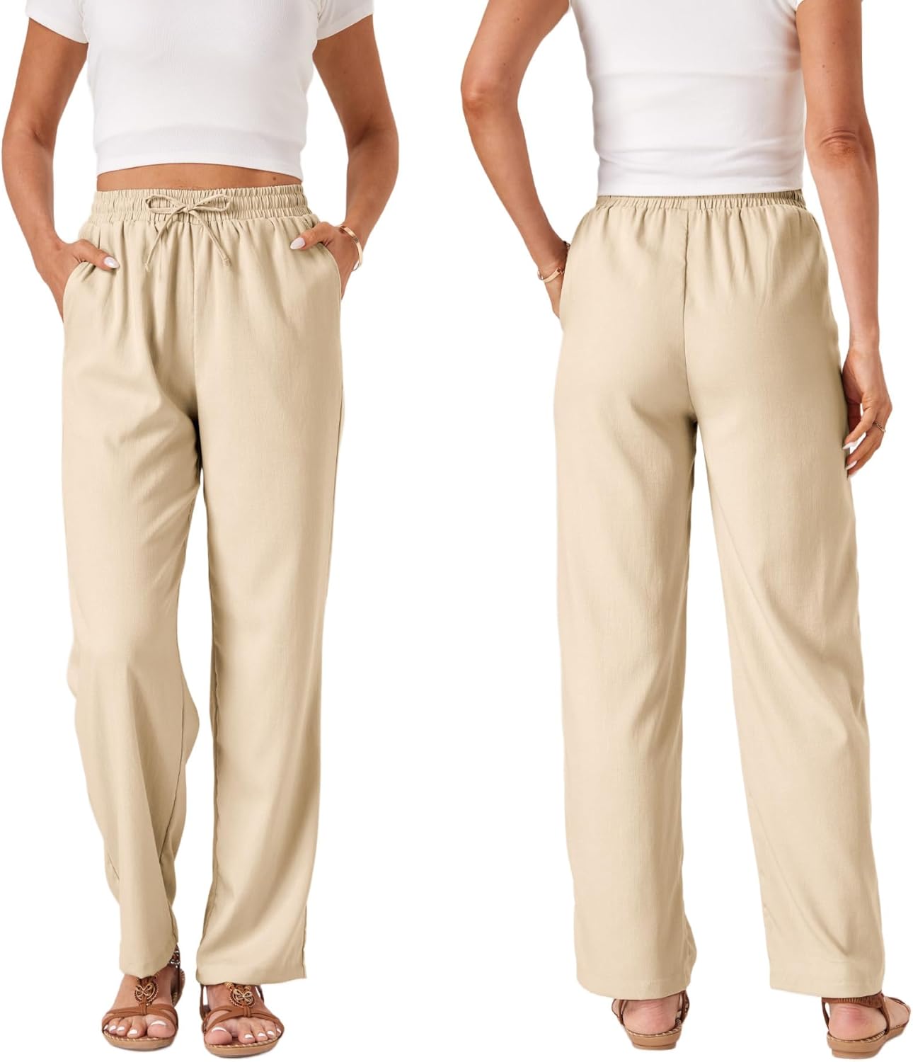 TOPYOGAS Womens High Waist Drawstring Stretch Casual Pants Summer Loose Pants Straight Trousers with Pockets - Image 4