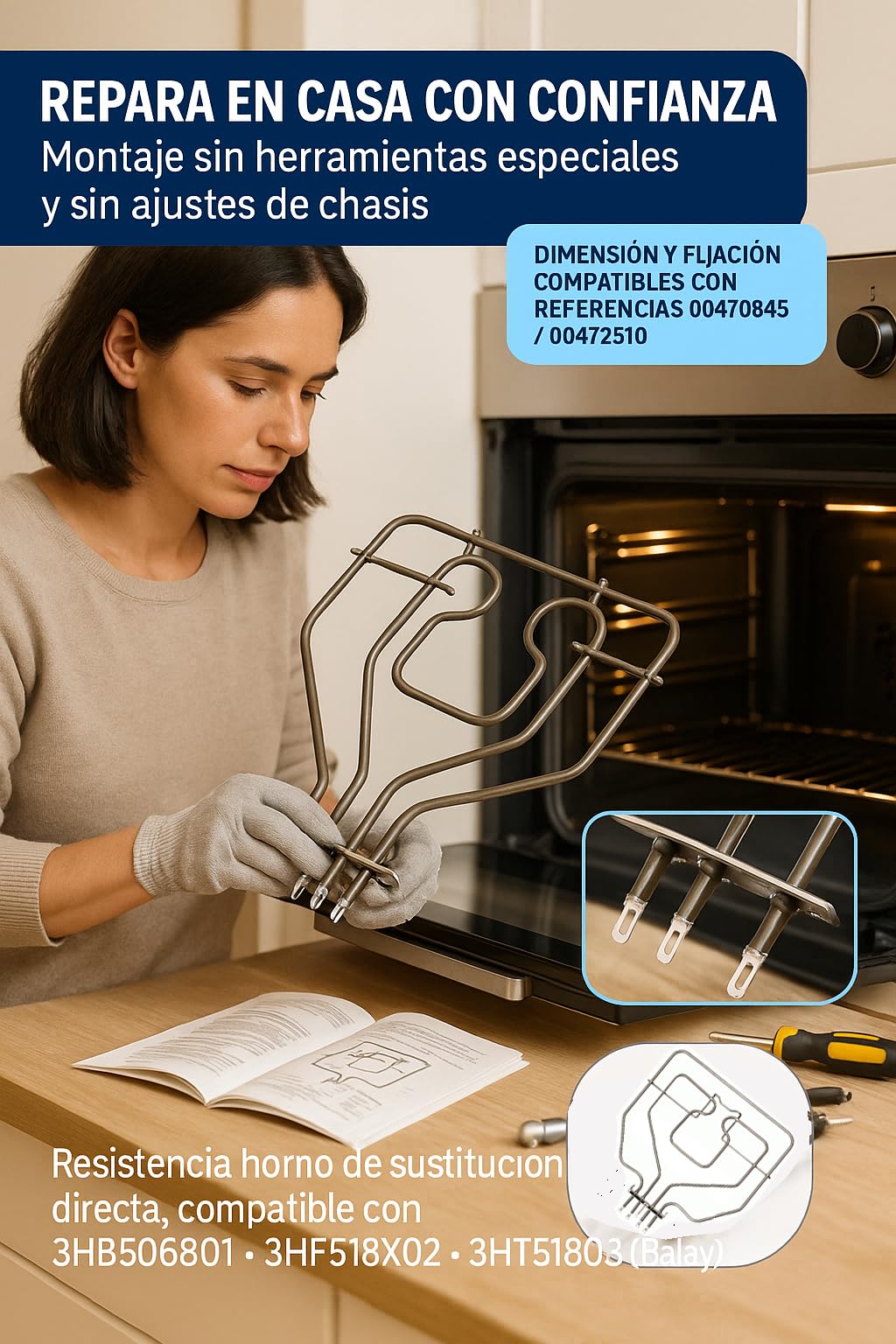 RECAMBIOS DREYMA Resistencia Horno Grill Superior 2300W 230V Doble Circuito Montaje Faston 380 x 345 mm Compatible con Bosch Balay Constructa Superser Elemento Calefactor Premium Pro