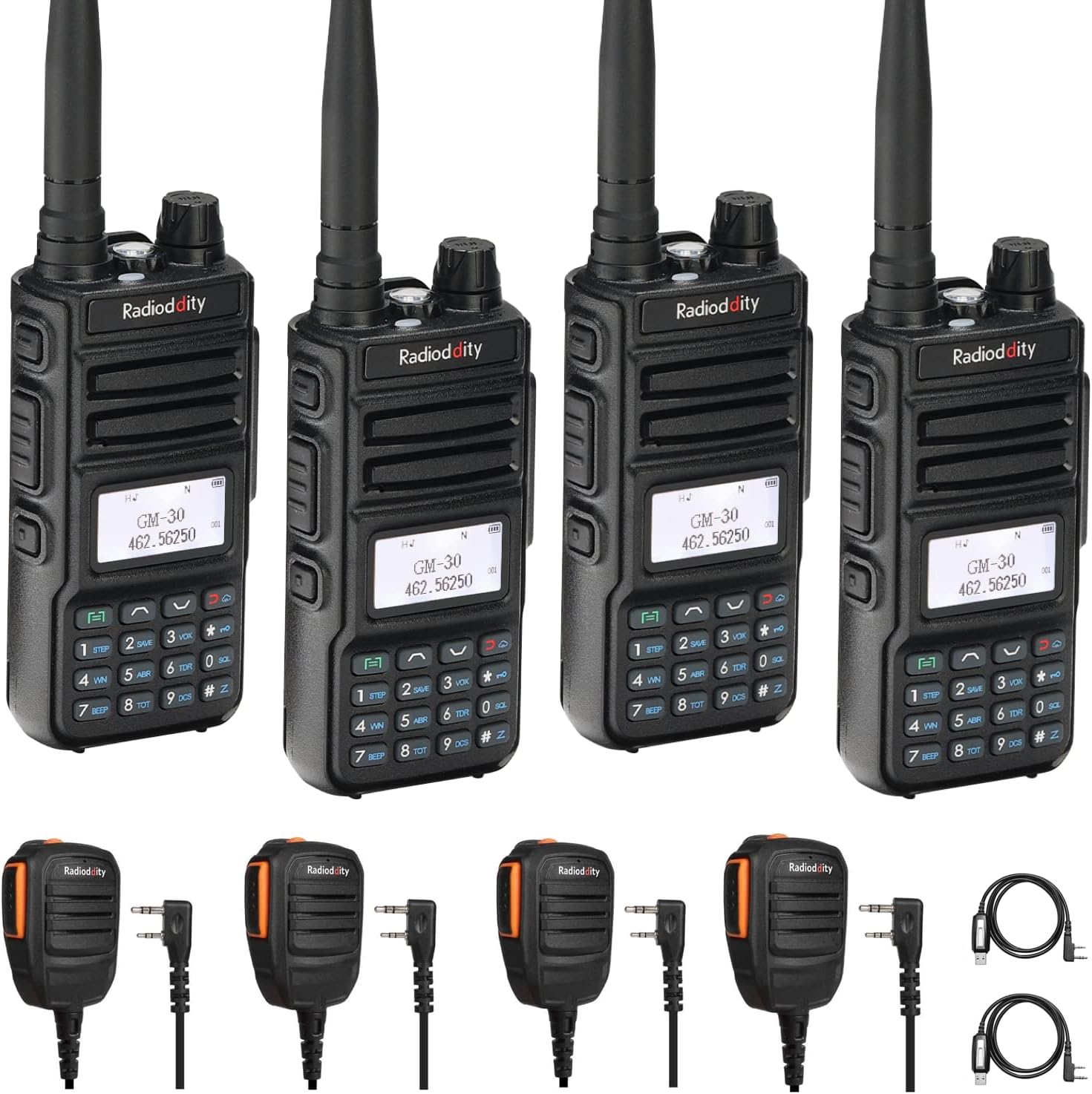 4 Pack Radioddity GM-30 GMRS Radio Handheld + 4 Radioddity RS22 Remote Speaker Mic + 2 Programming Cable