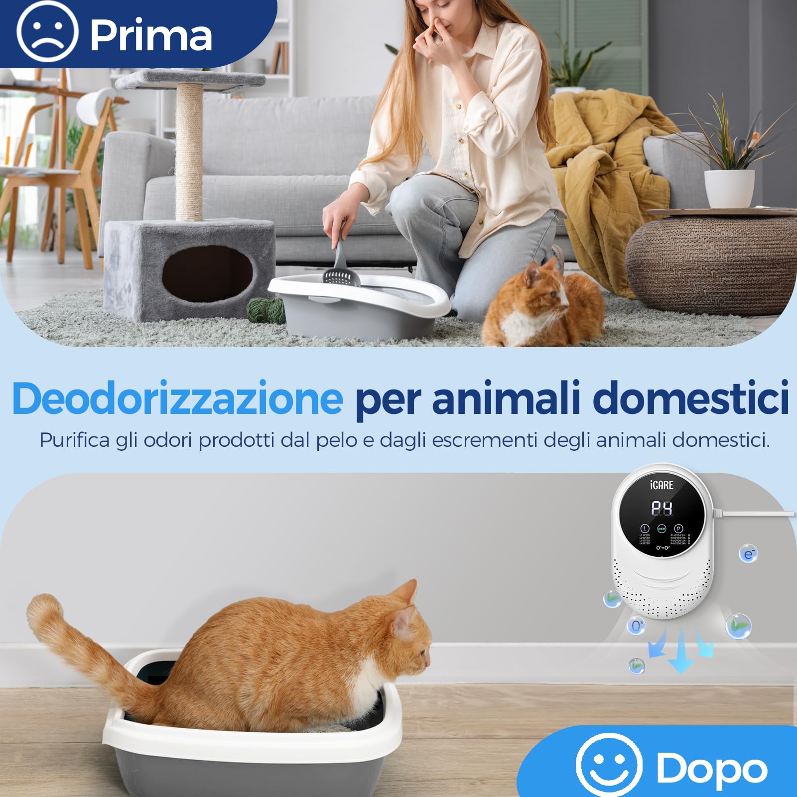 ICARE Generatore di Ozono Purificatore d'aria, 200 mg/h Depuratore Aria | Deodorante per Ionizzatore di Ozono, Mini Purificatore d'Aria Ozono per Camere, Bagni, Animali Domestici, Auto e Odore