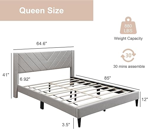 Miniatura 2 de LUCKYERMORE Base de cama tamaño Queen tapizada con cabecera con respaldo de ala, base de colchón de tamaño matrimonial con soporte de listones de