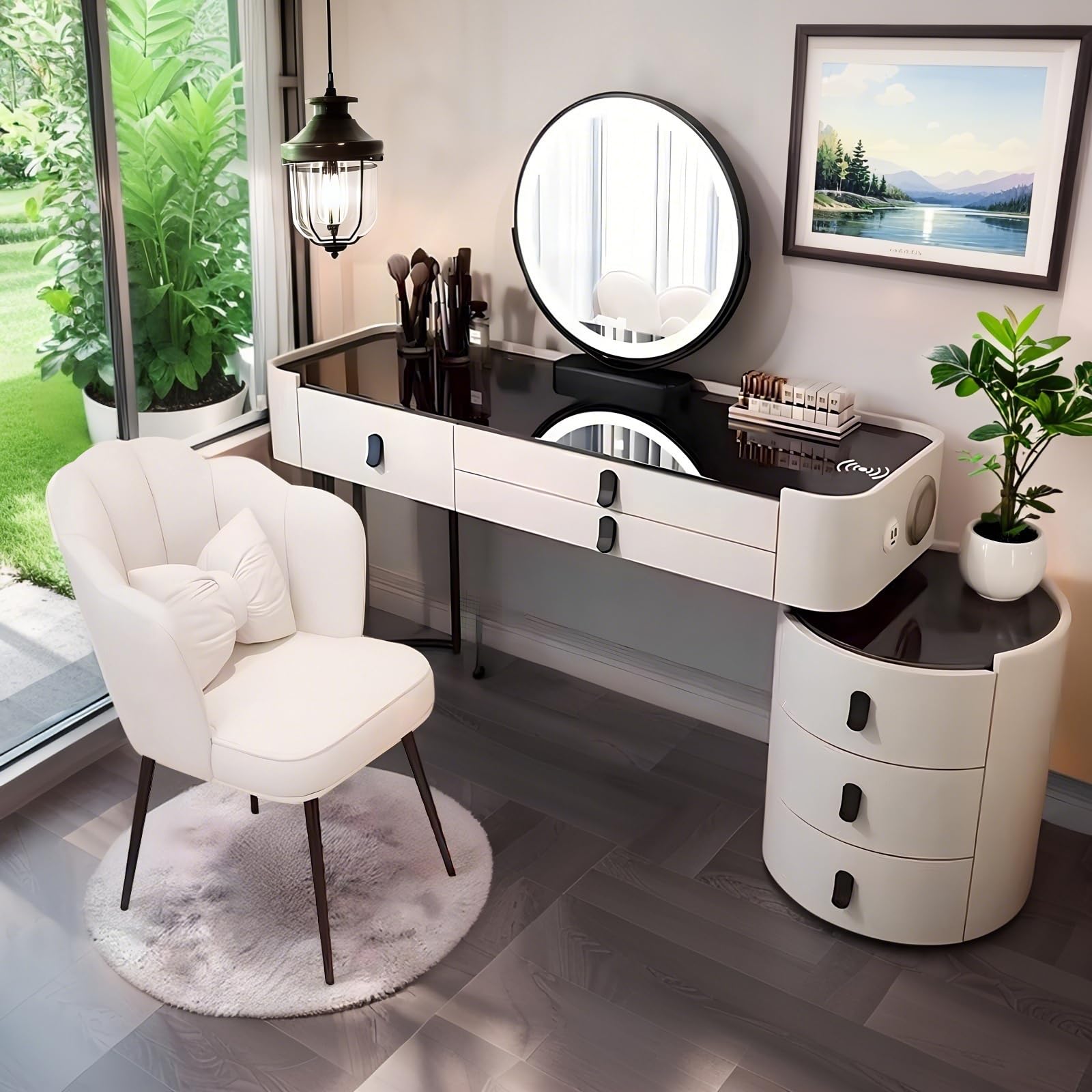 Vanity Desk with Mirror and Drawers, Makeup Table with Wireless Charging and Bluetooth Audio - Dressing Table with Drawers Vanity Makeup Table Set with Chair (White with Tempered Glass C, 100CM)