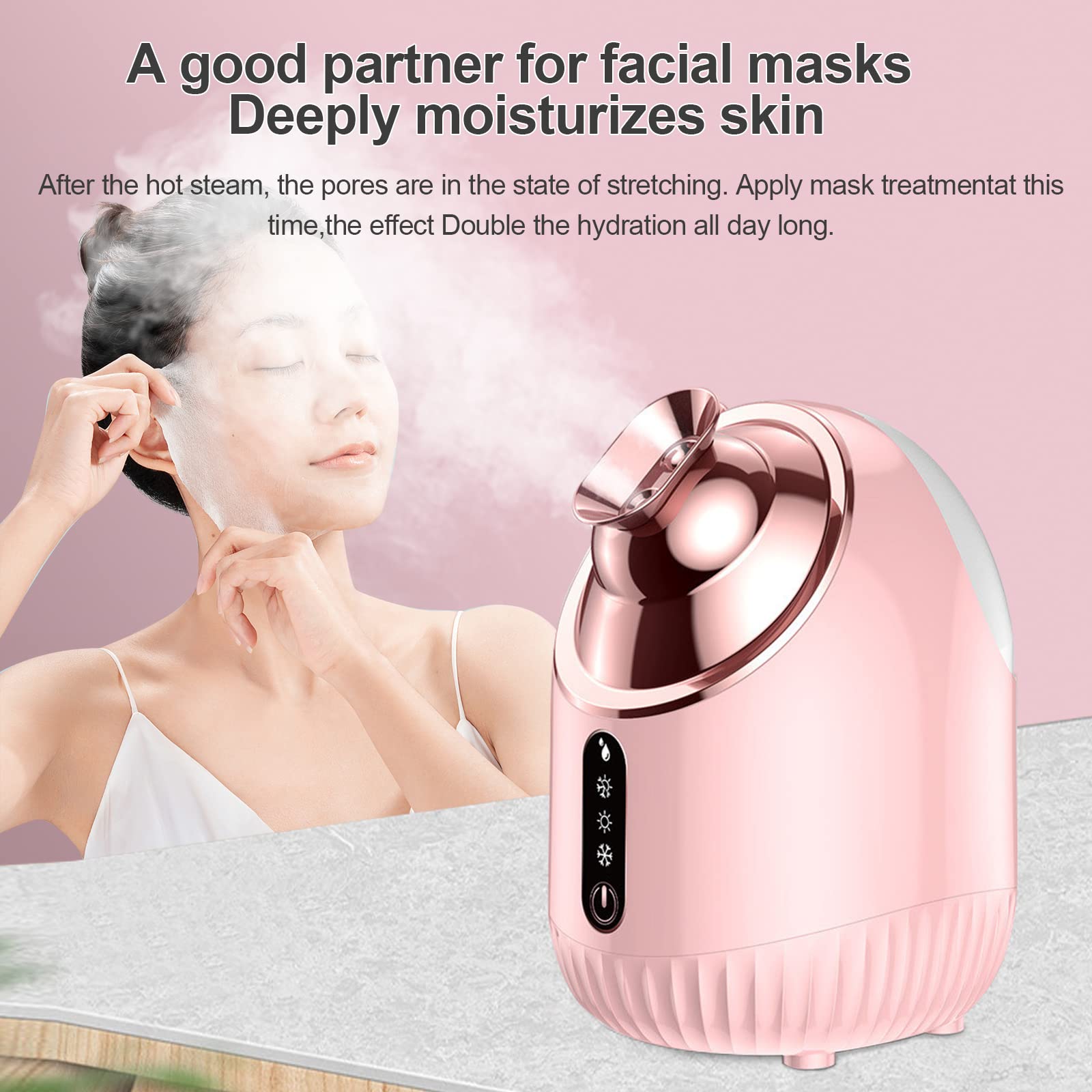 Vaporizador facial nano iónico con niebla fría, cálida y caliente, tanque de agua grande de 240 ml, humidificador facial pequeño, color rosa