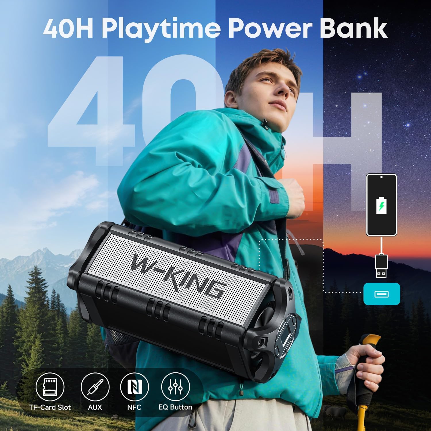 W-KING 90W Max Bluetooth Speaker, IPX6 Waterproof Portable Speakers Wireless Bluetooth, 50W Deep Bass Loud Outdoor Speaker with 40H Playtime/Stereo Pairing/TF Card/AUX/NFC for Home Party,Camping,Beach