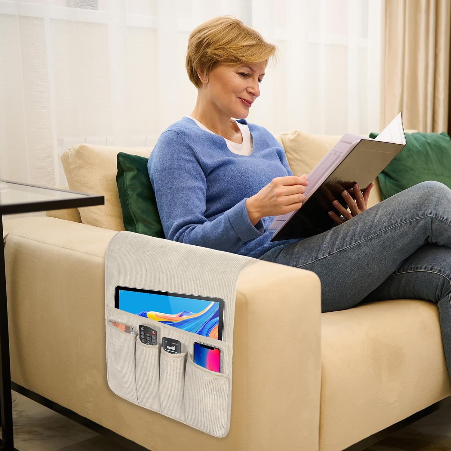 Remote Control Holder, Armchair Caddy Couch Caddy, Anti Slip Corduroy Tv Remote Holder Couch Caddy with 5 Pockets for Storage Couch Accessories Bedside Organizer Senior Citizen Gifts