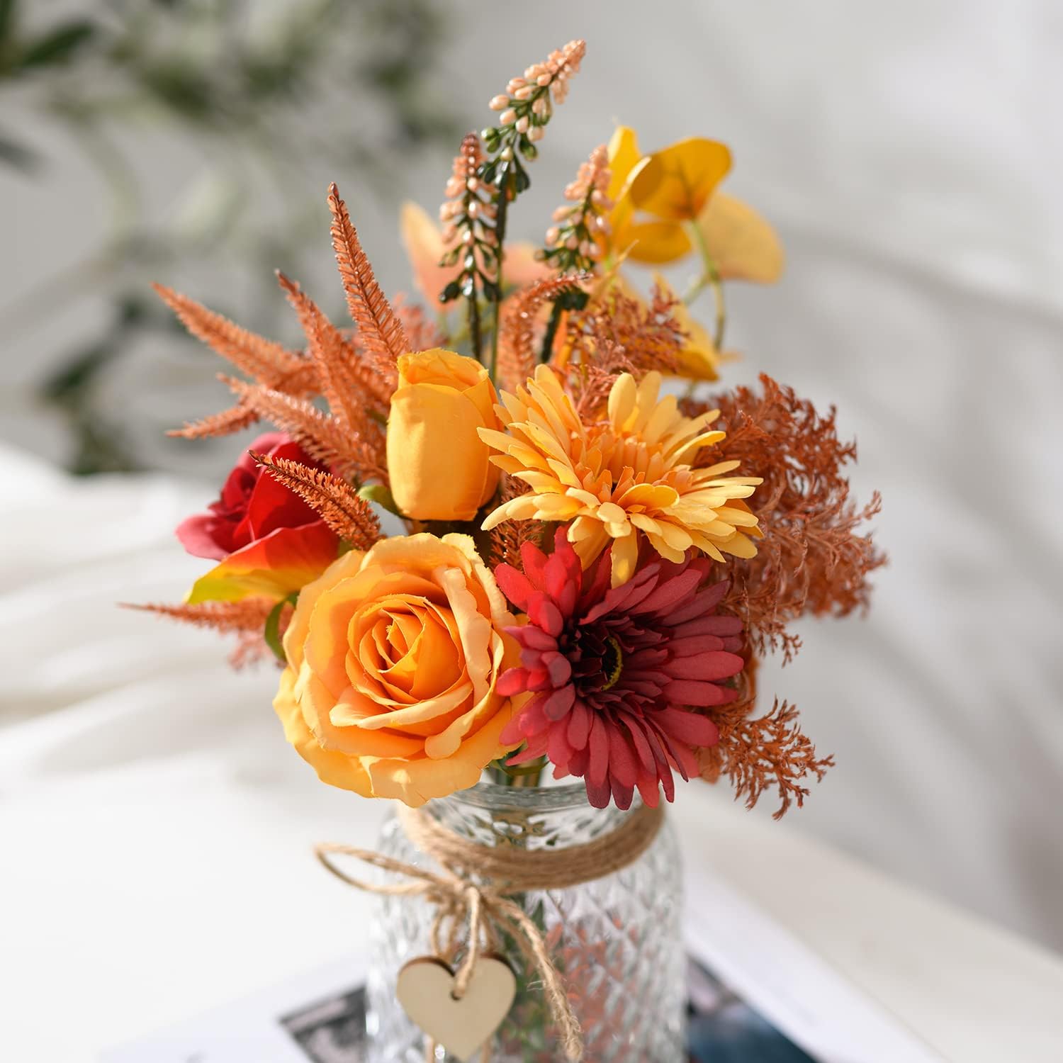 Artificial Flowers with Vase, Faux Silk Flowers Arrangement in Vase, Rustic Home Office Decorations, Farmhouse Dining Table Decor, Coffee Table Centerpiece, Fall Table Plant Decor - Image 3