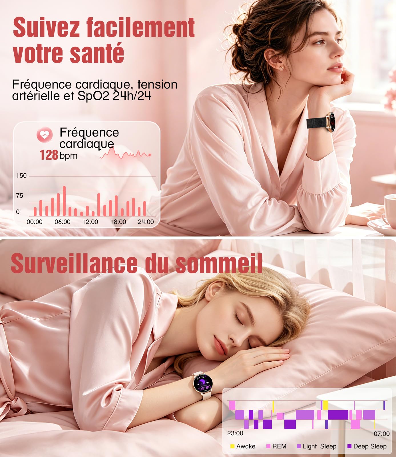 Montre connectée Femme 1.27" Appel Bluetooth Elegant Smartwatch Santé Féminine Fréquence Cardiaque Sommeil Montre Fitness,Podomètre,Calories,100+ Mode Sport,2 Chargeurs,Or Noir Mesh