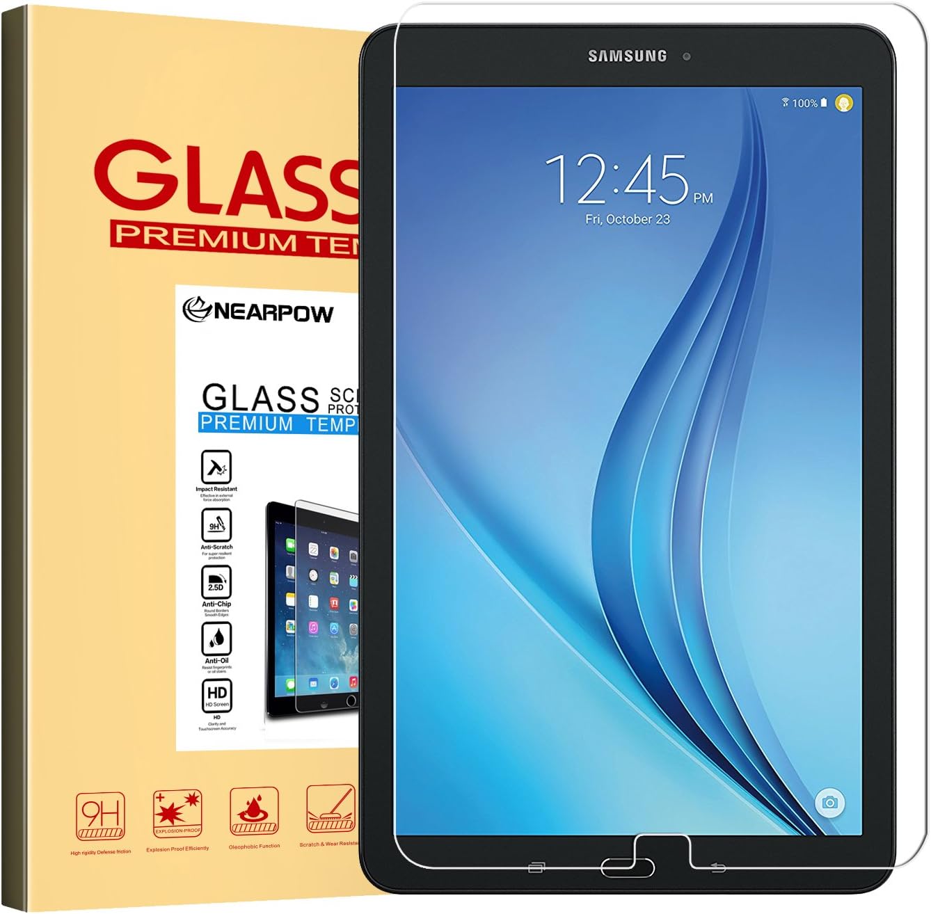NEARPOW Samsung Galaxy Tab E 9.6 Screen Protector 9.6 Inch, Tempered Glass Screen Protector with [9H Hardness] [2.5D Round Edge] [Crystal Clear] [Easy Bubble-Free Installation] [Scratch Resist]