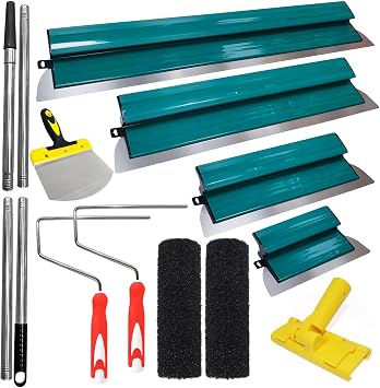 Skimming Blade Set, 10", 16, 24& 32 Skimming Blades with Extension Handle, Drywall Compound Roller, 7 Arc-Shaped Feeding Shovel, Drywall Finishing Tools for Plasterboard and Wallboard, Green
