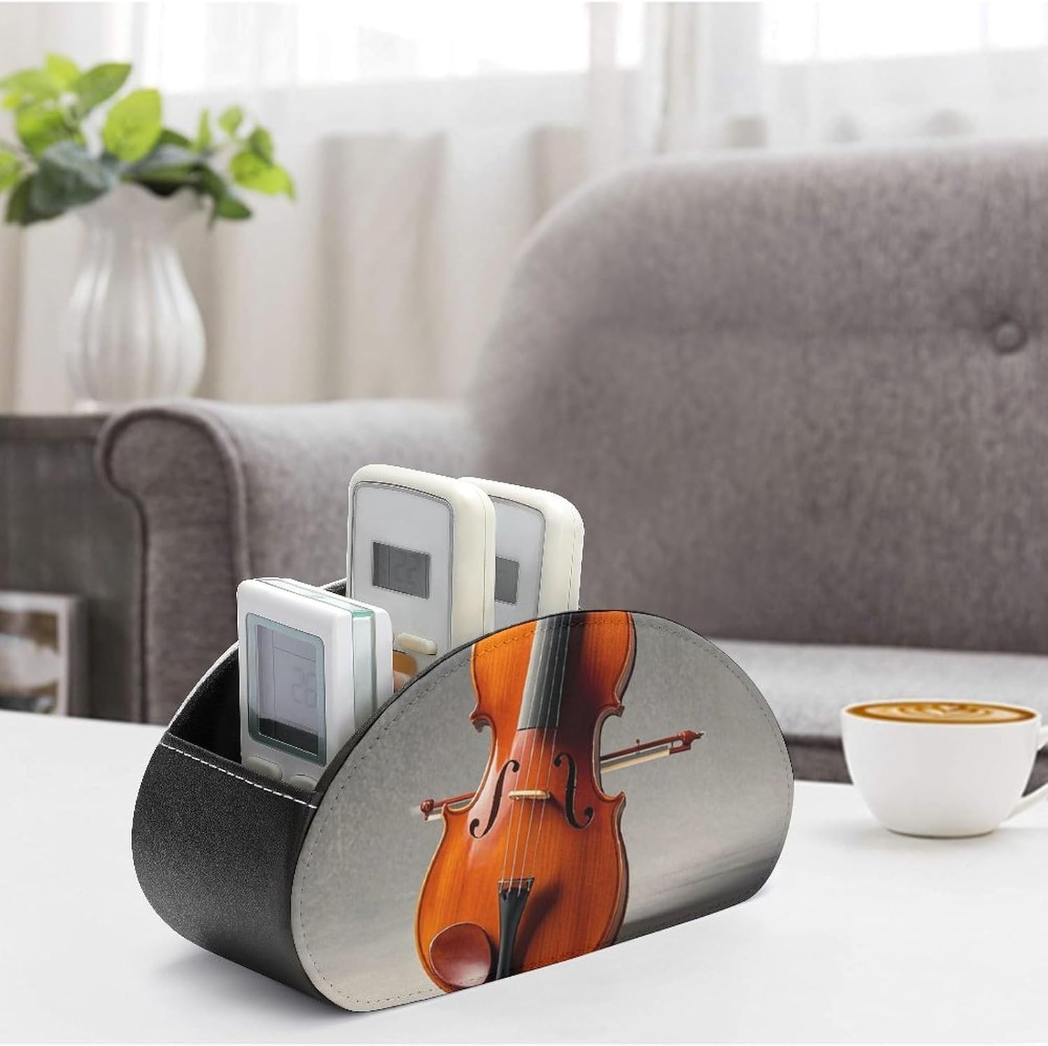 Leather Remote Control Holder with 5 Compartments Cello Model Kit TV Remote Caddy Desktop Organizer Makeup Brush Holder Office Storage Box for DVD Nightstand Desk image 4