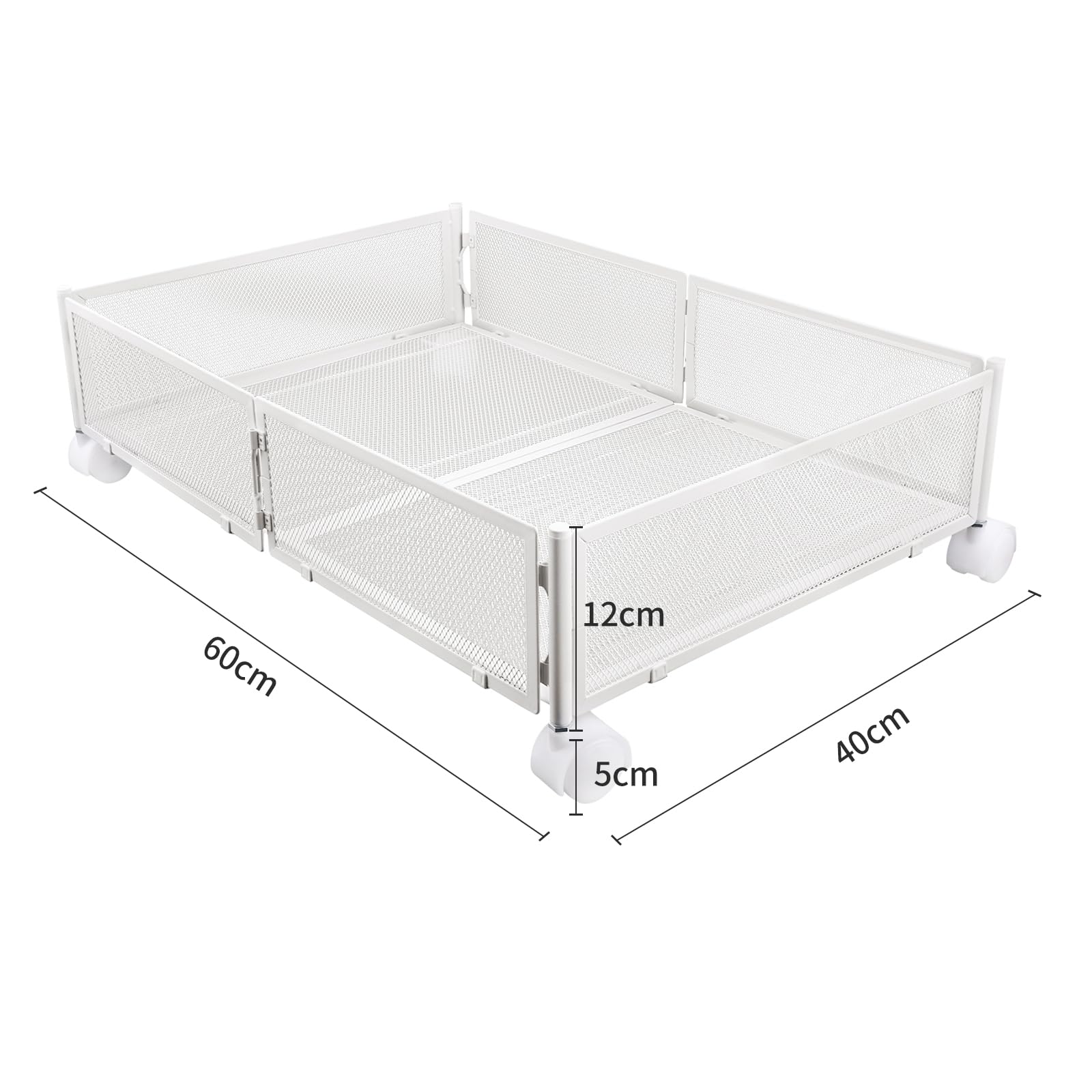 HUOLE Cassetto sotto-letto-pieghevole in metallo, vassoio portaoggetti sotto il letto, rotella, montaggio senza attrezzi, per camera da letto, soggiorno (60 * 40 * 17 cm-bianco-2 pezzi)