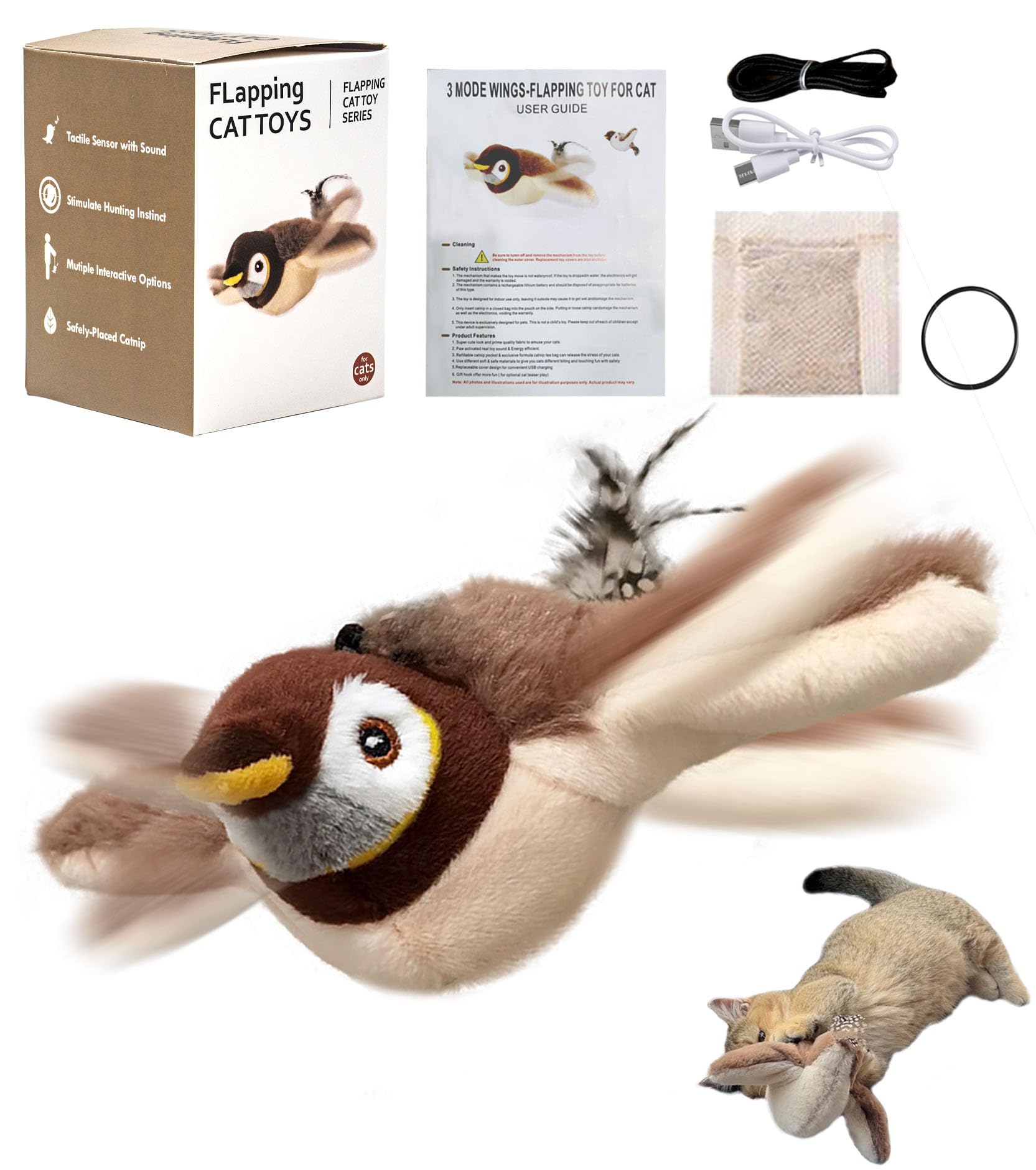 BOPELMALLS Flying Bird Cat Toy,Rechargeable Interactive Cat Toy with Catnip,Simulated Flapping Wings&Chirping,for Kittens and Small Dog to Bite Chew and Kick(No Flying)