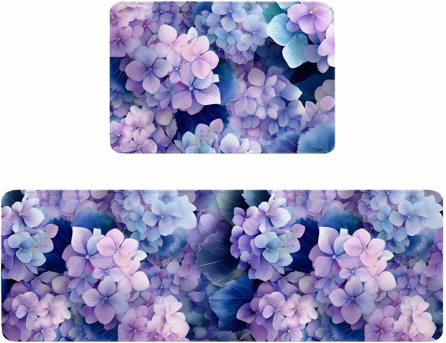 Vintage Hydrangea Kitchen Rugs and Mats Set of 2, Non-Slip Kitchen Sink Mat, Spring Purple Flowers Garden Plants Washable Doormat Bathroom Rugs Runner for Bedroom/Living Room 19.7"x31.5"+19.7"x63"