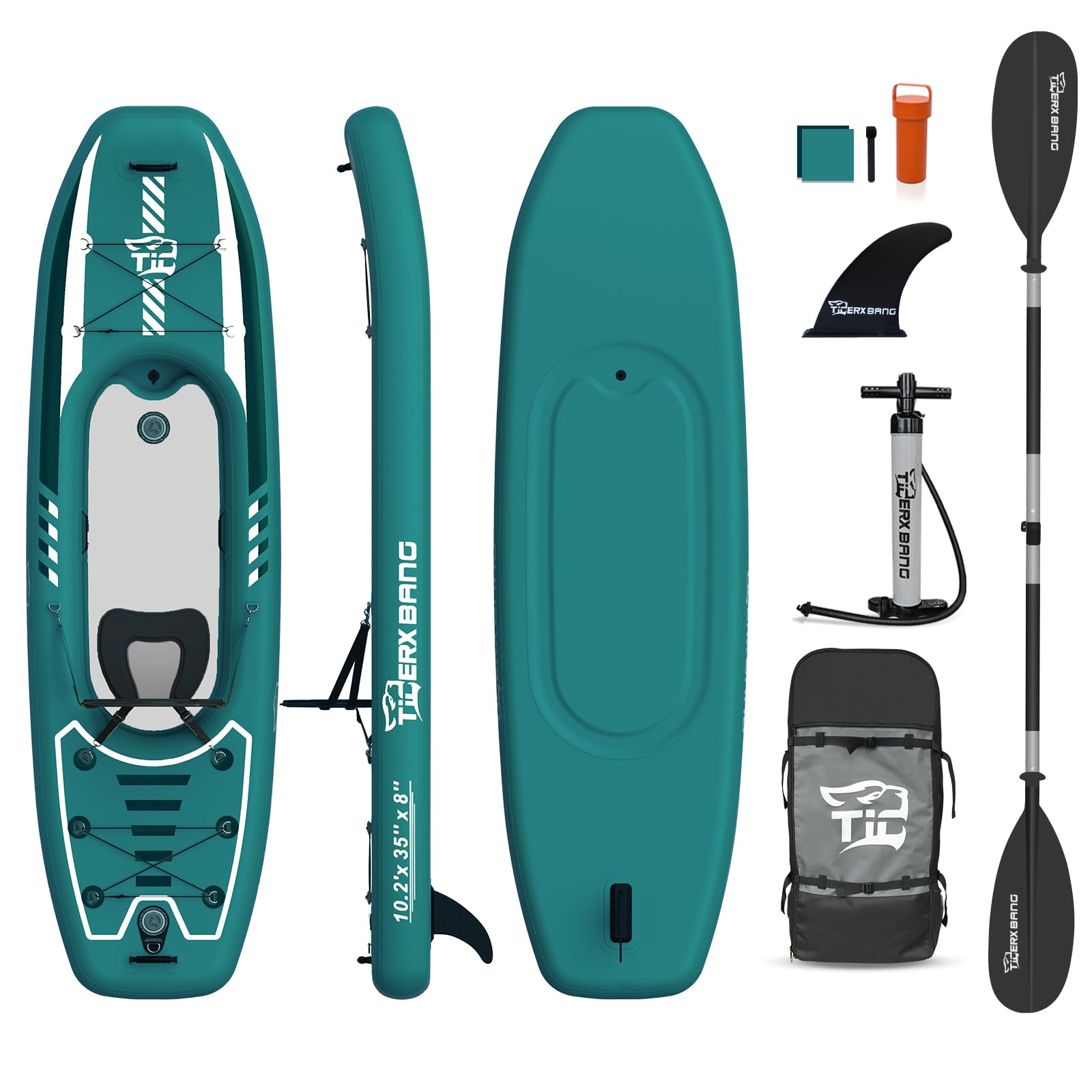 TIGERXBANG Kayak gonfiabile 310 x 89 x 20 cm con sedile per adulti e bambini, set kayak SUP con pompa, pagaia in alluminio e zaino, kayak gonfiabile stabile per pesca, gite e tempo libero, verde