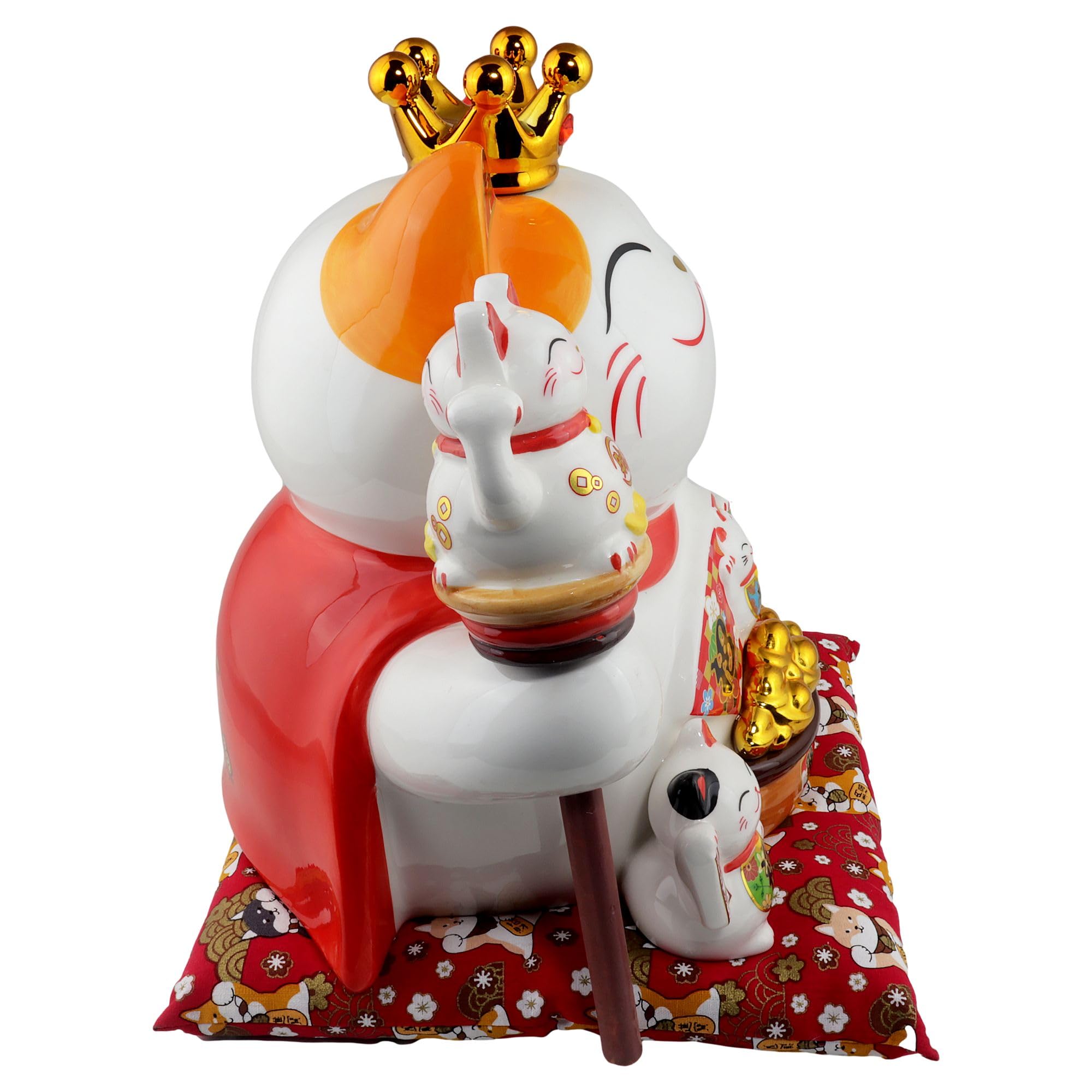 Freak Scene Agitando Gato Chino Maneki-Neko Corona Porcelana 26cm Gato Saludando Blanco Lucky Cat