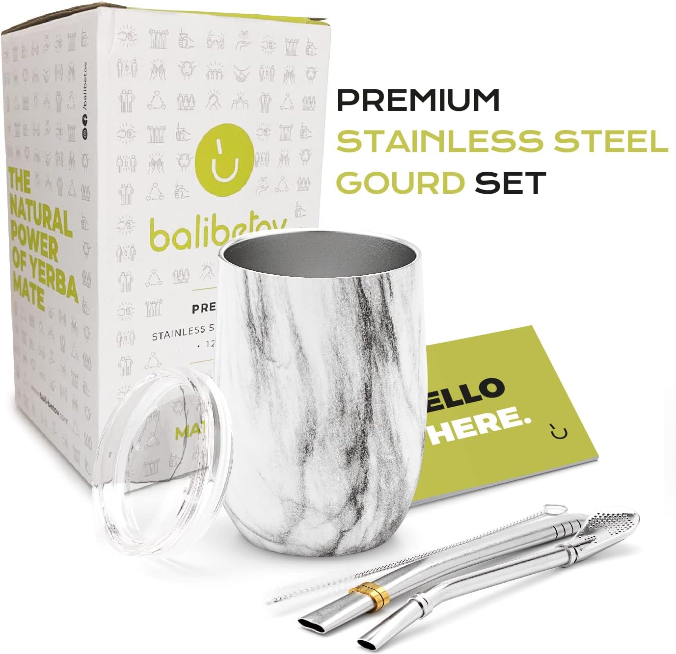 BALIBETOV 5 pcs large Yerba Mate Cup and Bombilla Kit, Includes one 8 oz Yerba Mate Gourd with Lid, Two Bombillas Mate Straw and one cleaning brush (Marble, 8.00) - Image 2