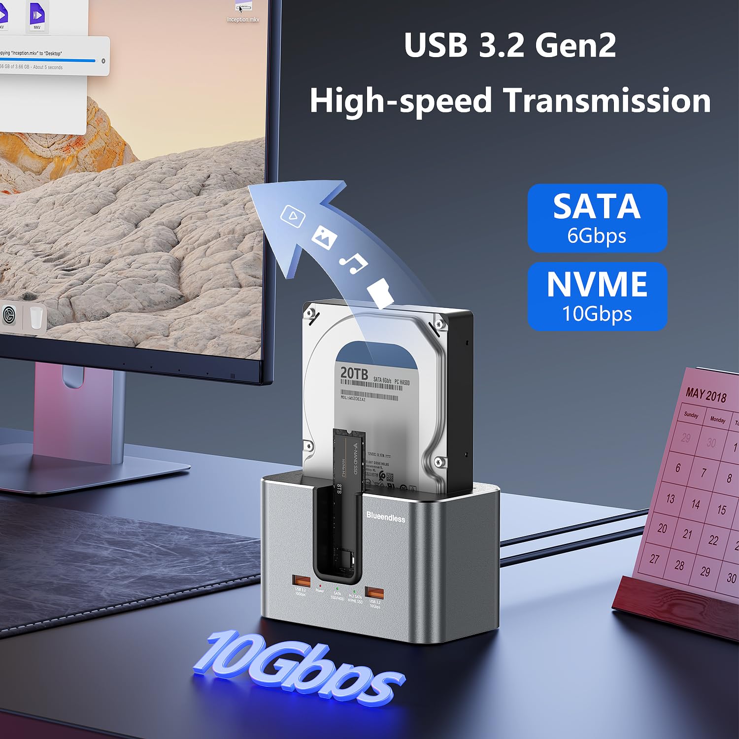 Enclosure per disco rigido a 2 alloggiamenti per HDD/SSD SATA da 2,5" e 3,5" e SSD M.2 NVMe, interfaccia USB 3.2 da 10 Gbps, fino a 28 TB