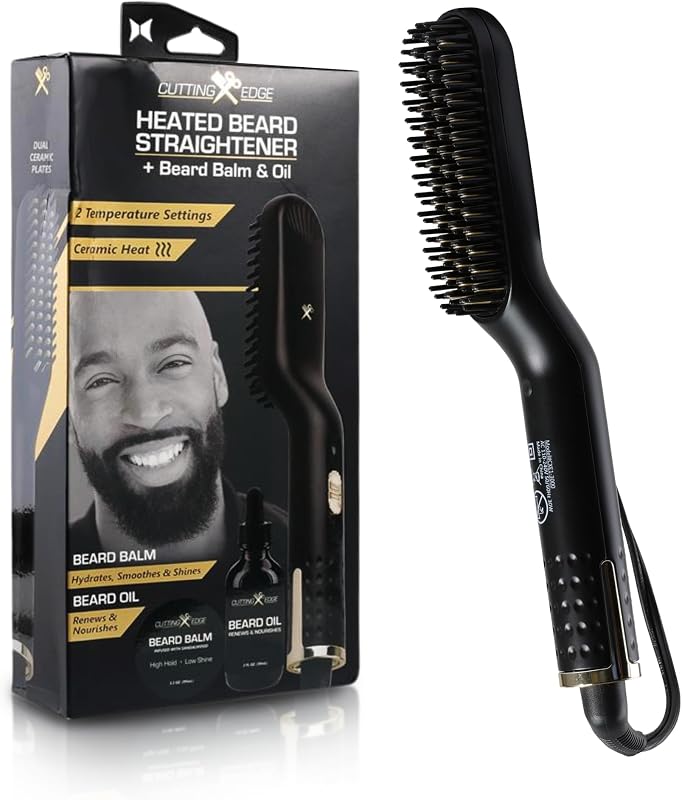 Escova térmica para alisar barba Cutting Edge com revestimento cerâmico, desligamento automático, óleo e bálsamo para barba