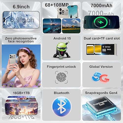 Miniatura 2 de MMY 17PROMA X - Teléfono celular desbloqueado de 16 + 1 TB, pantalla HD de 6.9 pulgadas, Android 15 7000 mAh de larga duración, batería inteligente,