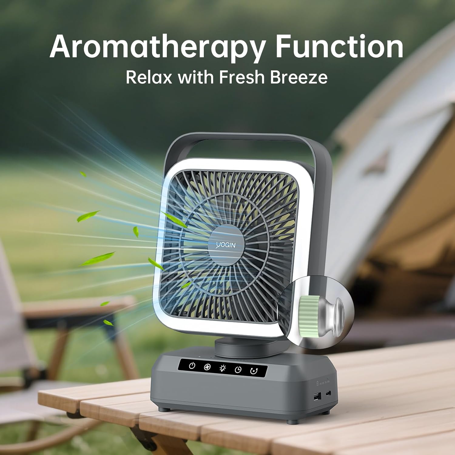 YOGIN Rechargeable Battery Powered Fan, 20000mAh Portable Camping Fan with 360° Adjustable Head, 4 Speeds & LED Light, Quiet Outdoor Fan for Tent, Desk, Travel