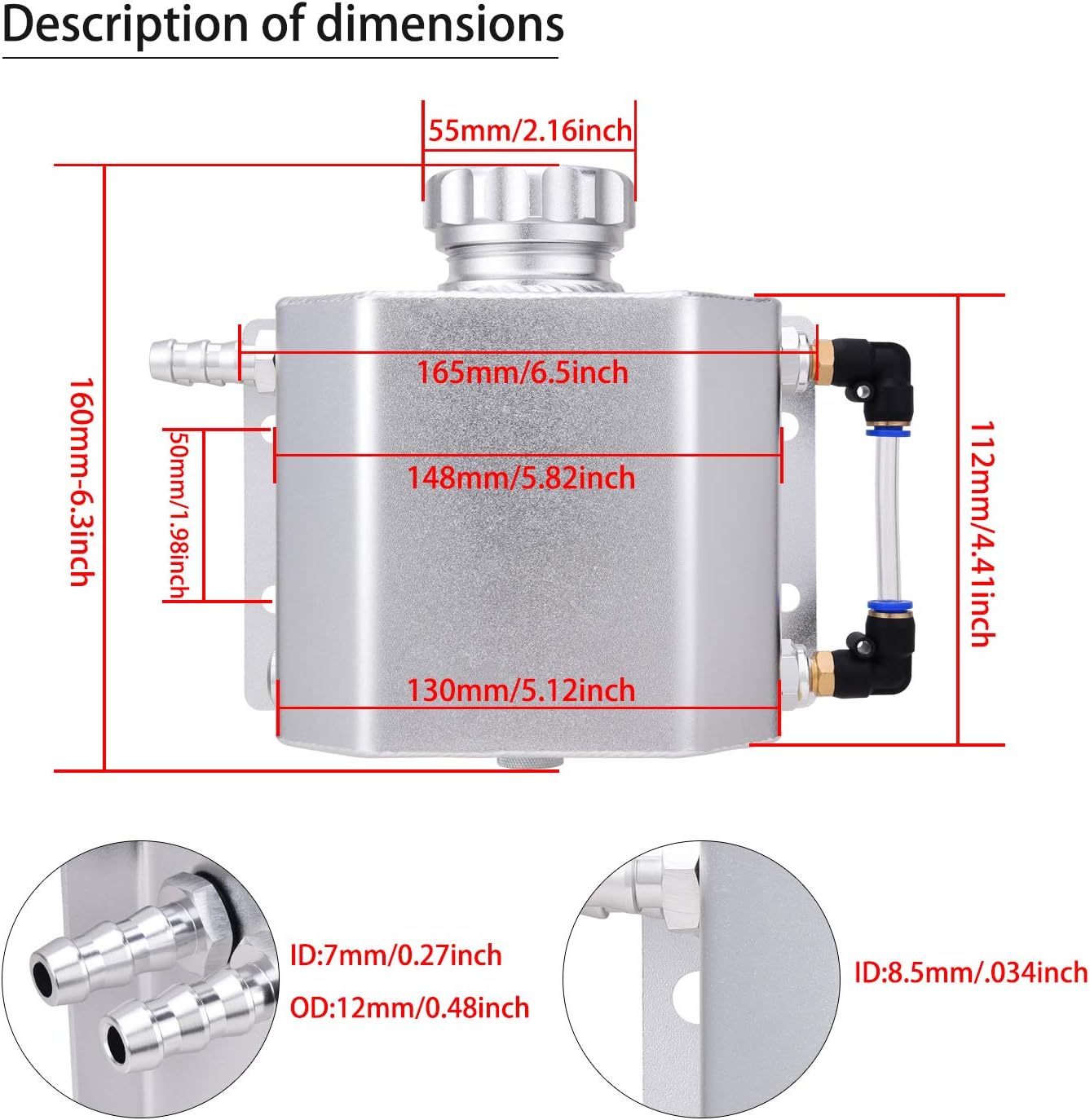 SPEEDWOW Coolant Overflow Tank, Aluminum Radiator Overflow Tank with Teflon Tape & O-ring Gasket, 1 L Universal Reservoir Expansion Tank (Silver)