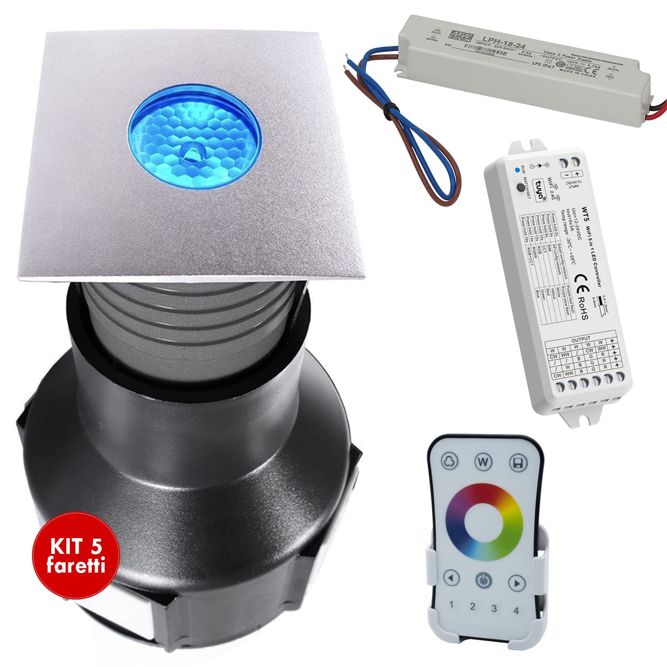 Planetitaly Kit Easy SQUARE II foco pivotable centralita Smart WiFi 24 V indicador LED 3 W SPOT RGB IP67 alimentador luz de color jardín alexa google (kit de 5 focos)