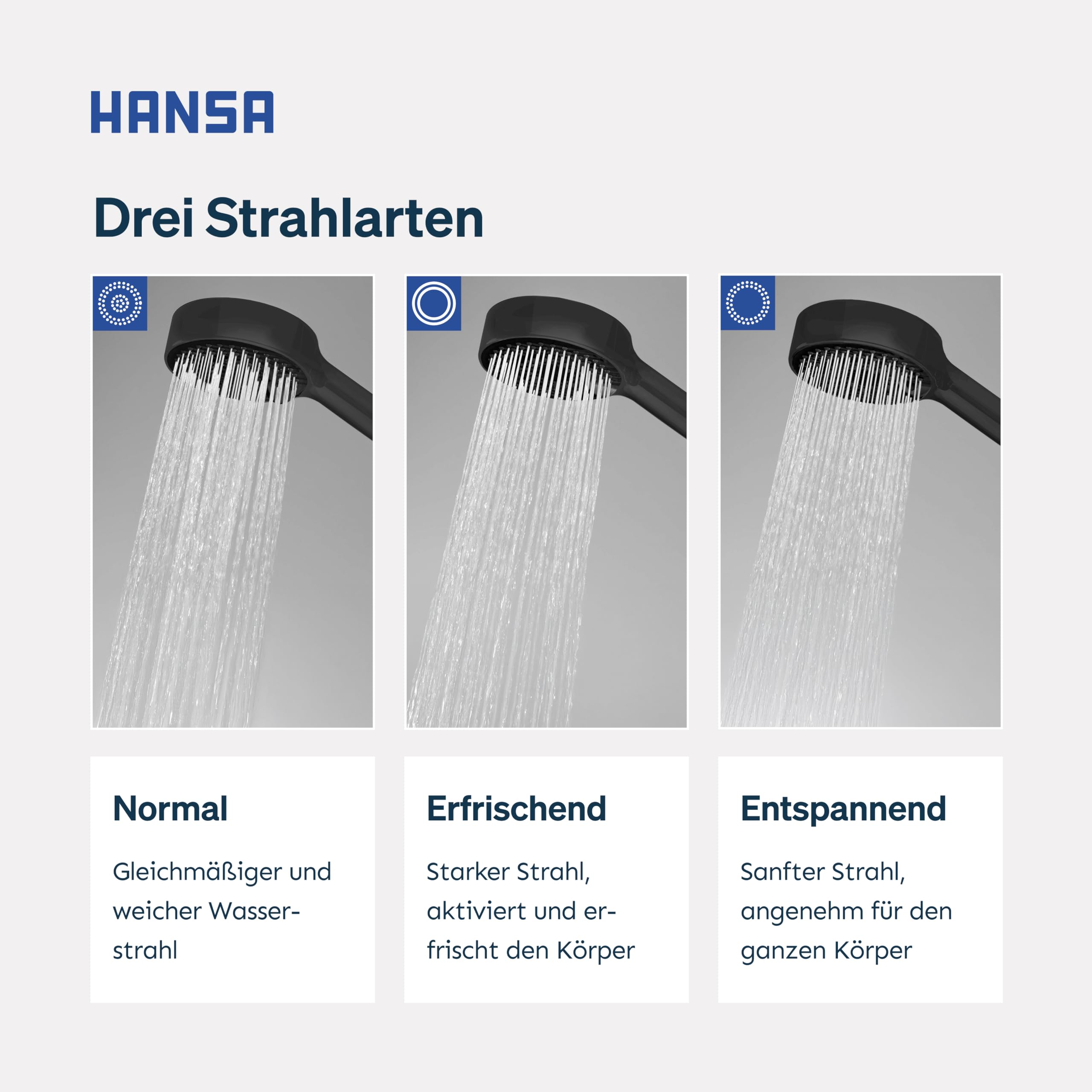 HANSA BASICJET Duschkopf mit 3 Strahlarten I Handbrause Dusche I Anti-Kalk Funktion I Brausekopf 95 mm Durchmesser | Standard G 1/2 Anschluss | Schwarz