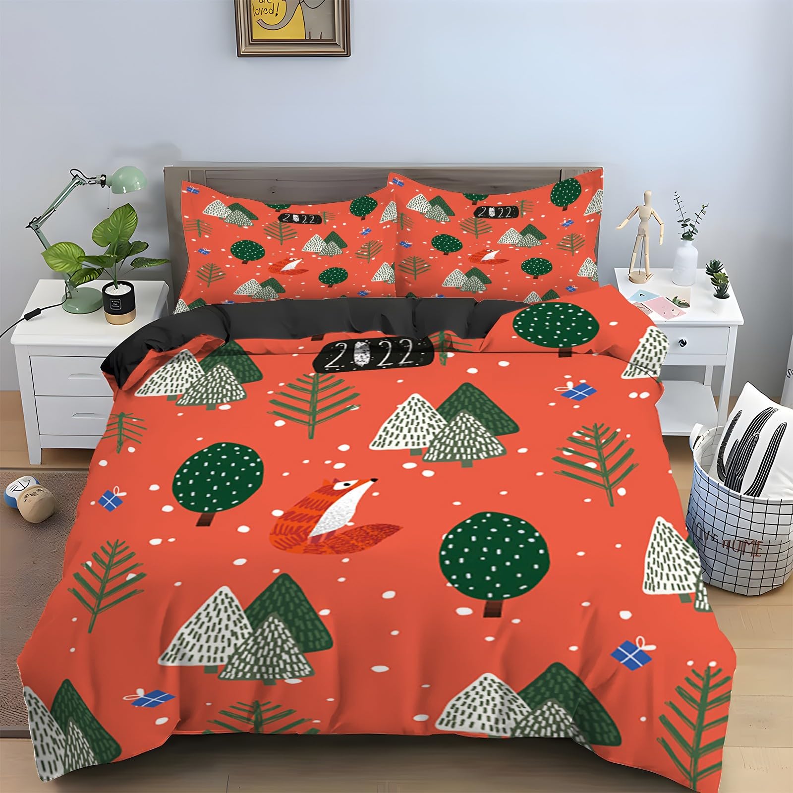 Parure de lit 90x190 forêt avec housse de couette écureuil et 2 taies
