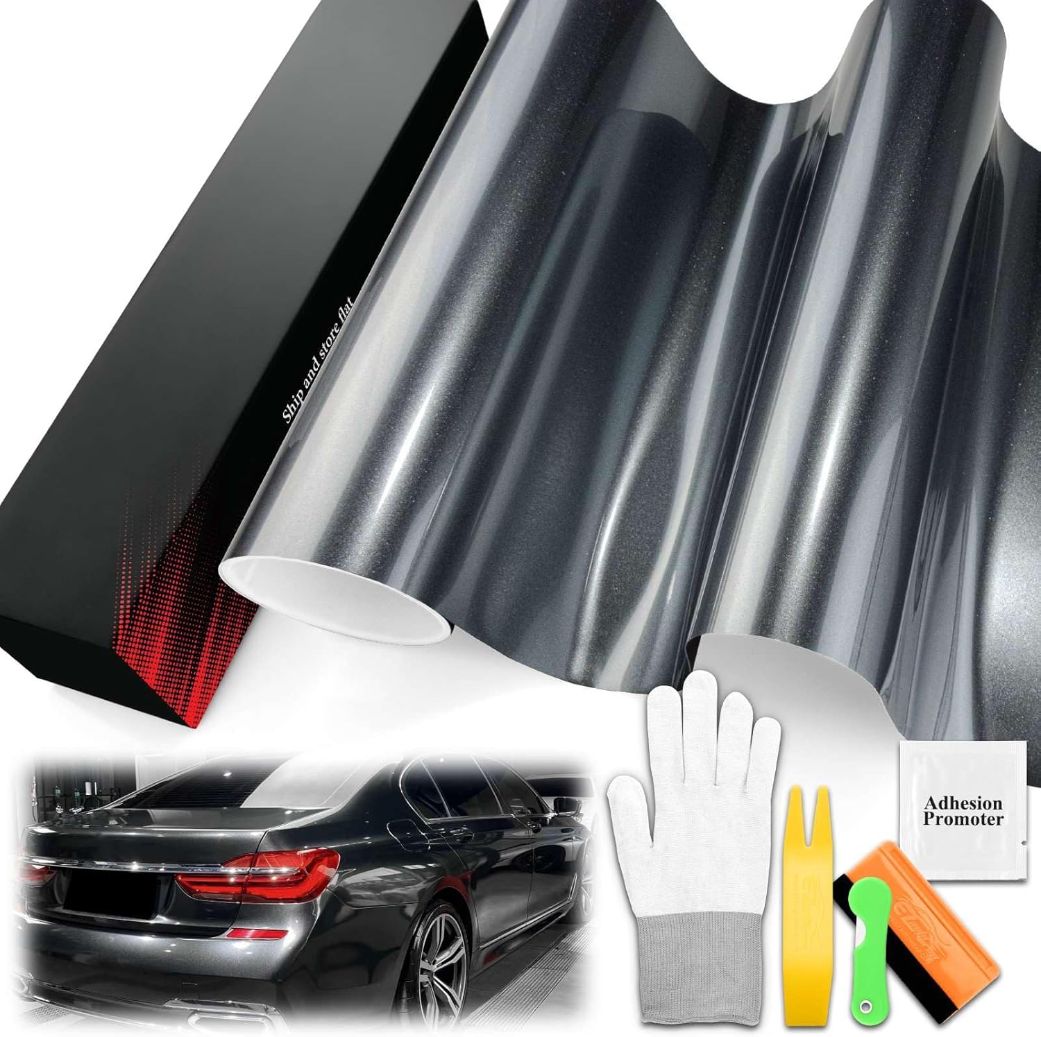 5FTx20FT PET Super Gloss Metallic Shadow Gray High Glossy Vinyl Wrap Auto Car Sticker Decal Film Sheet Bubble Free Air Release Technology with Tool Set