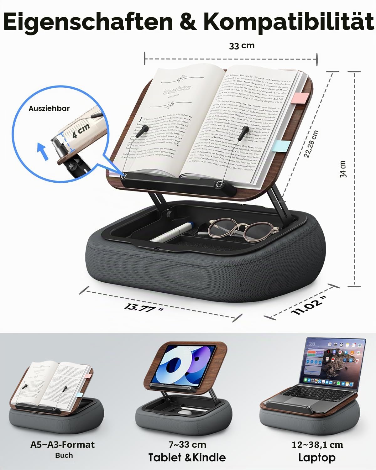 Viozon Buchhalter zum Lesen im Bett, mit Aufbewahrung, Schoßschreibtisch, für A3 ~ A5 Buch und 7 ~ 38,1 cm Tablet/Laptop, Sitzsack-Lesekissen, Seitenhalter, Multi-Winkel-Buchständer für freihändiges