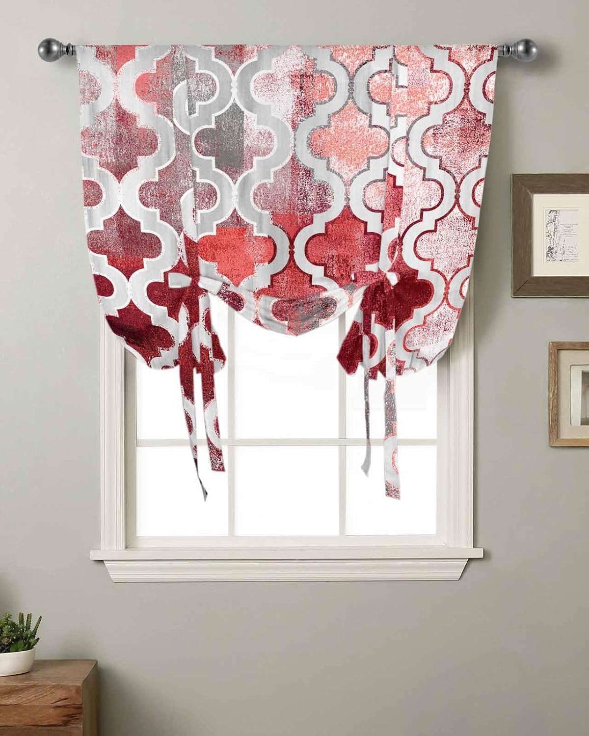 Red Morocco Tie Up Curtains for Windows 63 Inch Length Balloon Curtains Kitchen Adjustable Balloon Window Shade Rustic Country Smear Street Mottled Art Tie Up Valance Bathroom Curtain Window 46"x63"