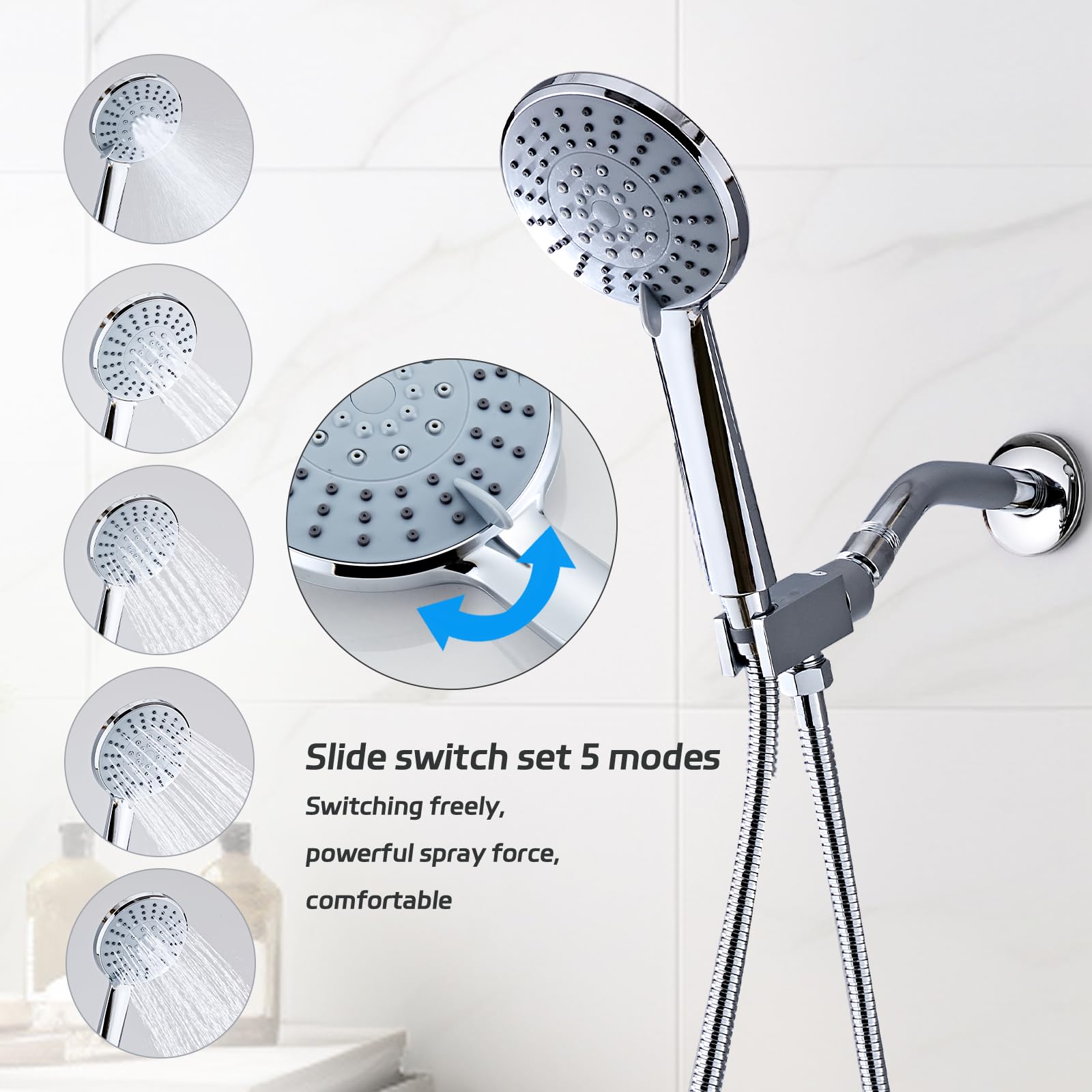Cabezal de ducha de mano de alta presión de 5 ajustes con boquillas antiobstrucciones, juego de cabezal de ducha desmontable cromado de 5.1 pulgadas, manguera de acero inoxidable de 59 pulgadas y