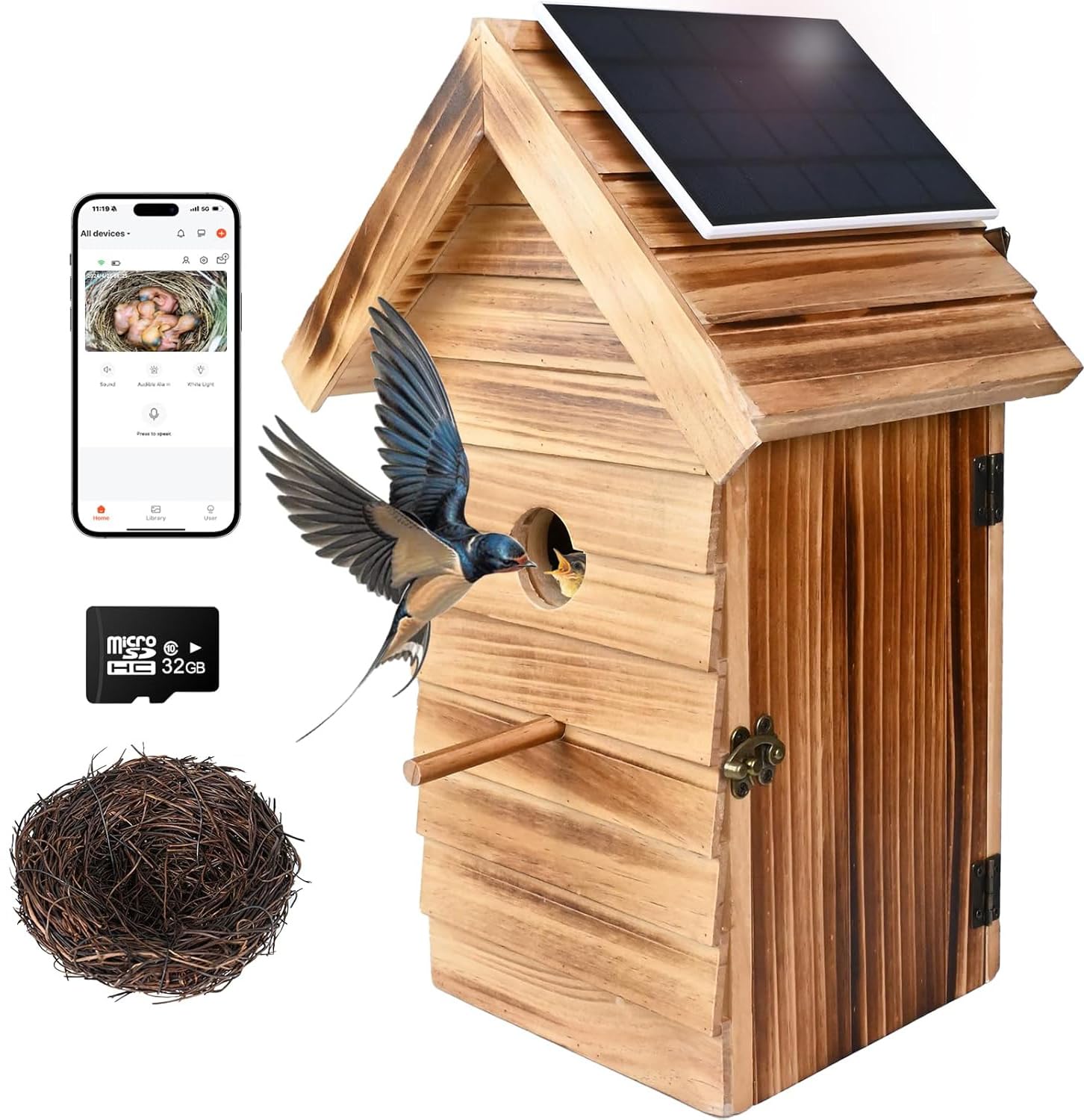 Casetta per uccelli con fotocamera, casetta per uccelli da esterno con acquisizione automatica di foto e video, WiFi 2.4G e app notifica 160° di larghezza wireless, casetta per uccelli in legno (scura