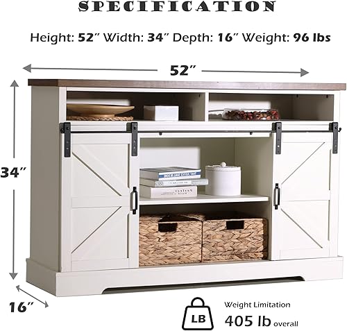 Miniatura 2 de PHI VILLA Gabinete de barra de café de granja, puerta corrediza de granero, aparador de cocina, gabinete de almacenamiento de buffet Marfil,Marrón