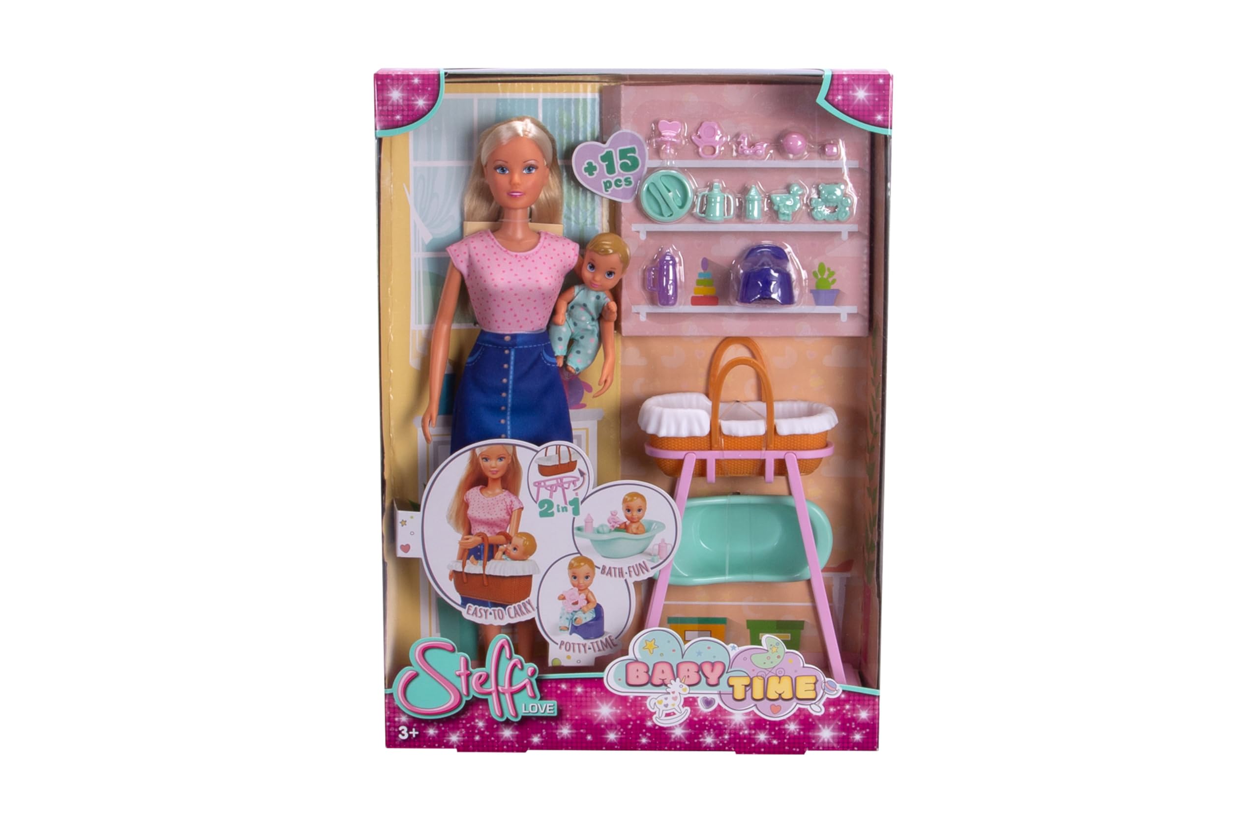 Simba Steffi Love Baby Time, Spielpuppe kümmert Sich um das kleine Baby, inkl. 2-in-1 Wiege, Badewanne, Töpfchen und über 15 Accessoires, ab 3 Jahre